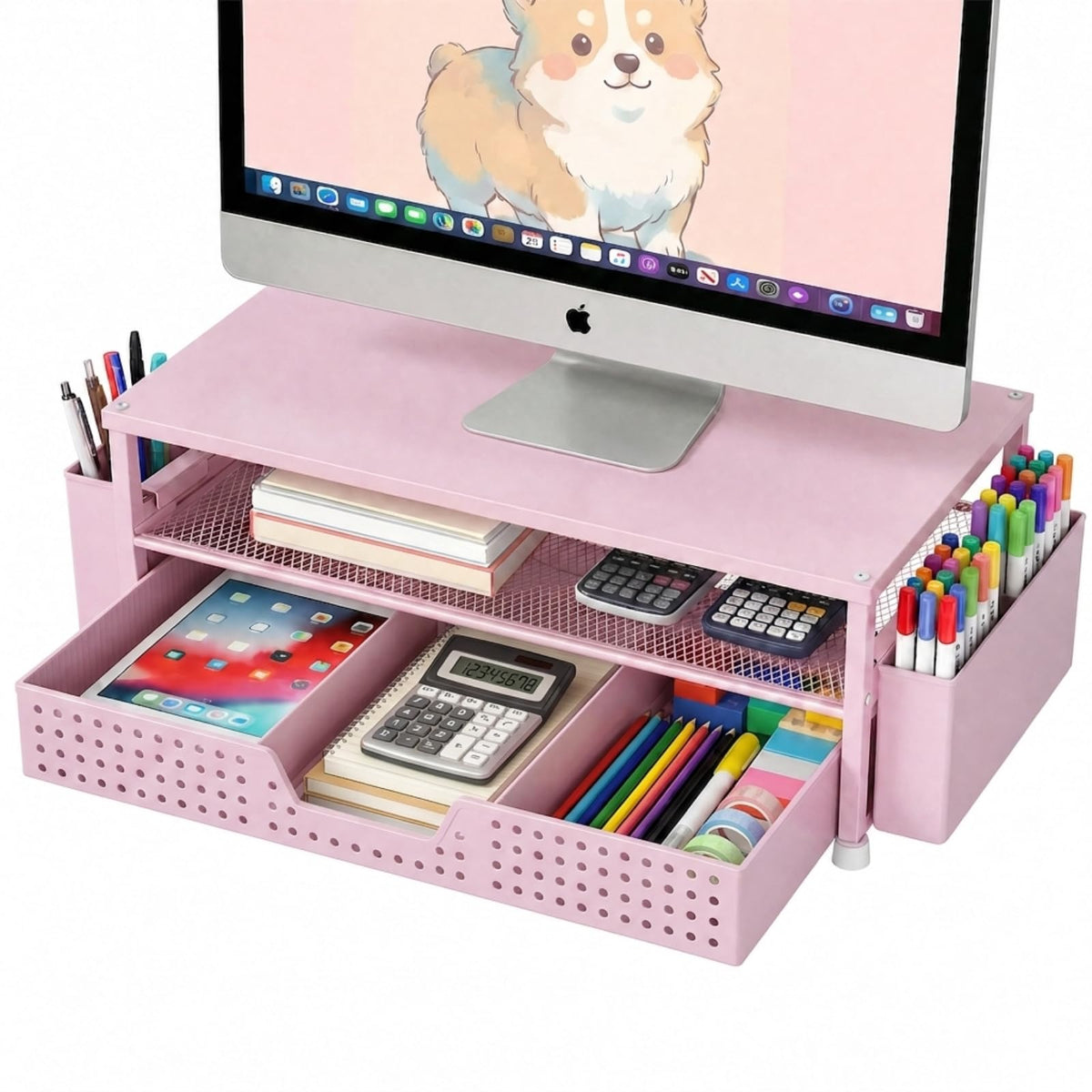 ECOLOVI Desk Organizer and Accessories, 2-Tier Computer Monitor Stand Rise with Storage Drawer & 2