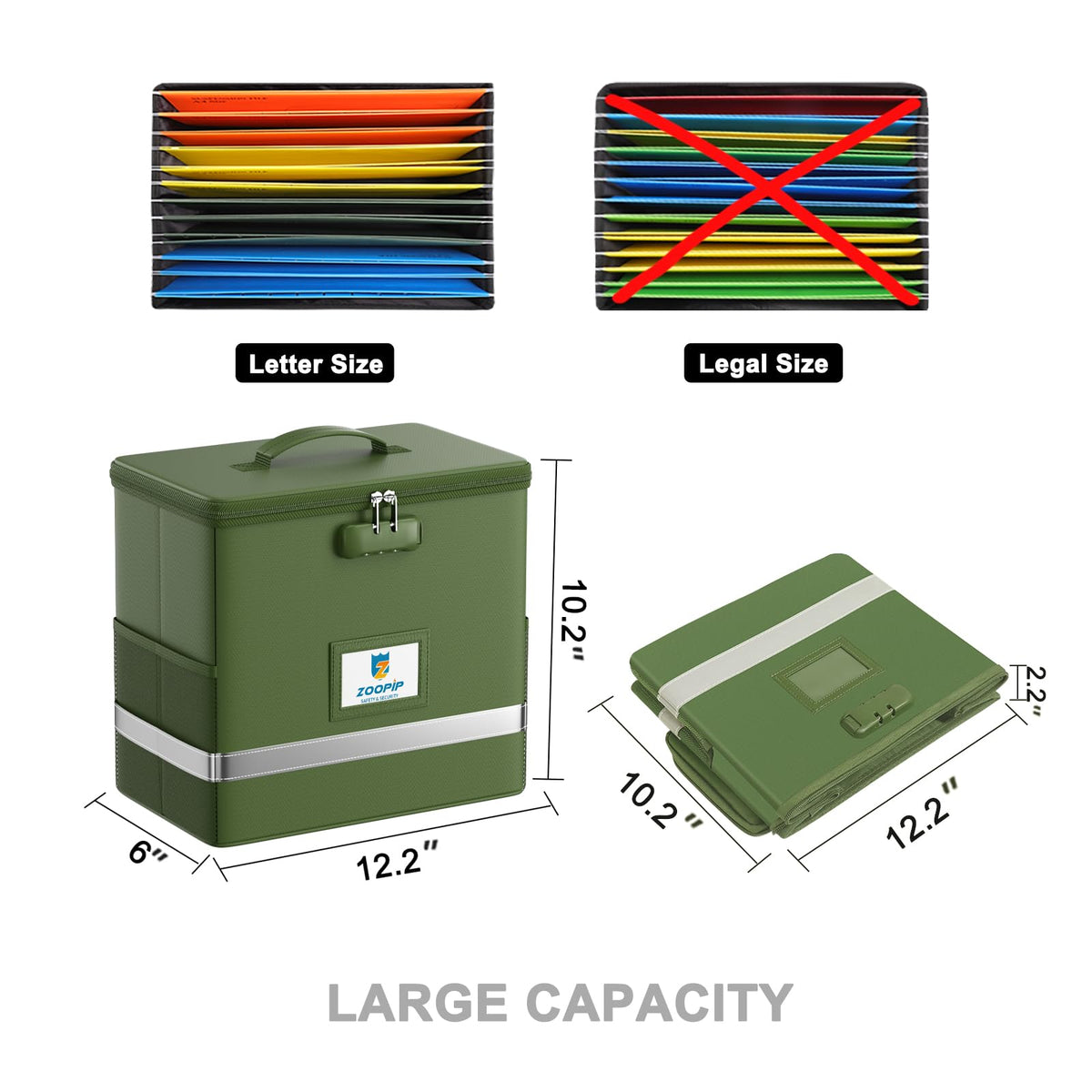 ZOOPIP Fireproof File Box with Lock, Collapsible Document Organizer, Green