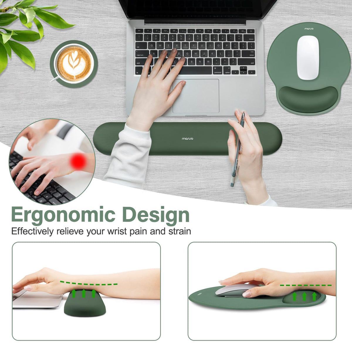 MOSISO Wrist Rest Support for Mouse Pad&Keyboard Set, Midnight Green