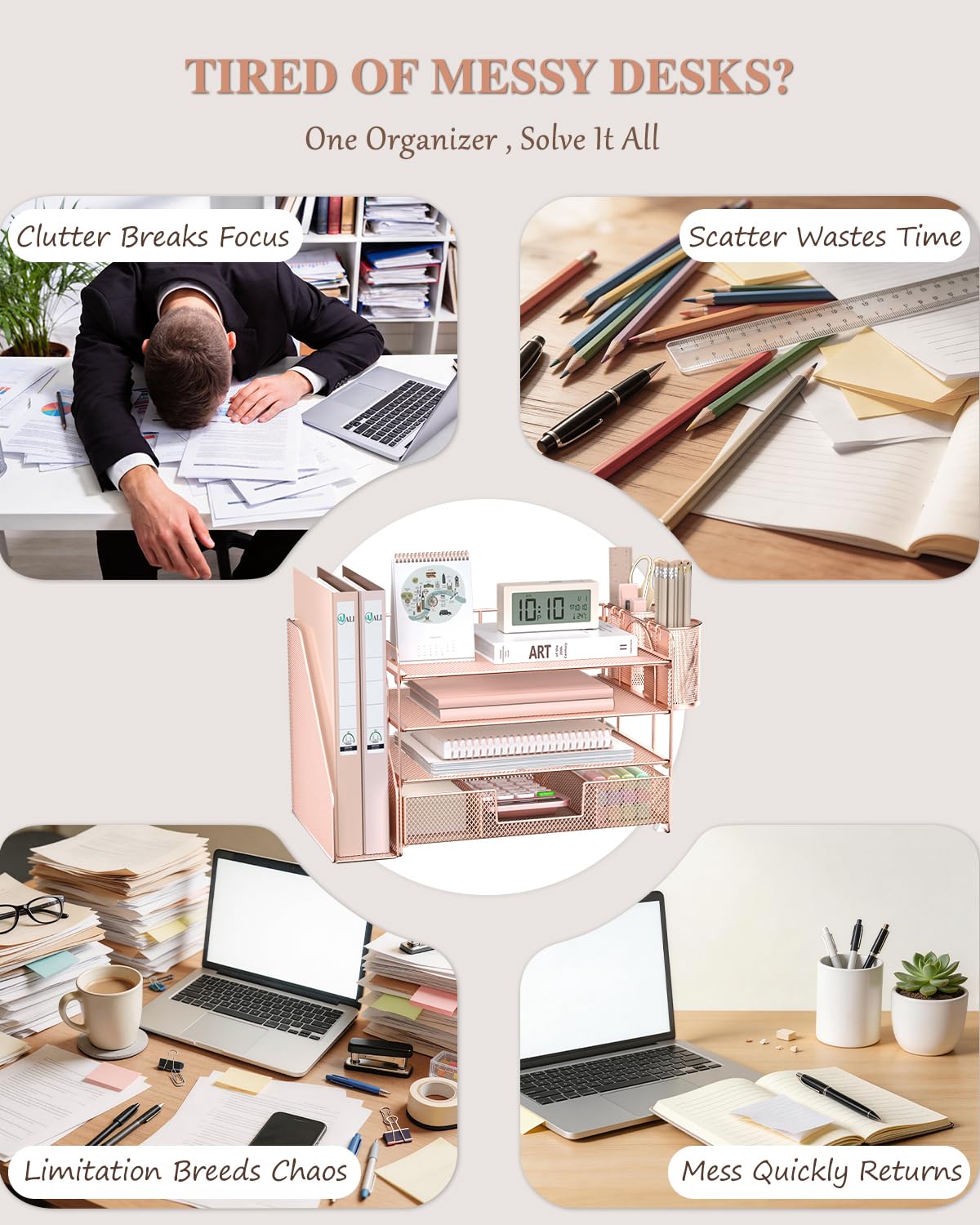 WALI Desk File Organizer, 4 Tier Desktop Paper Letter Tray Organizer with Drawer and 2 Pen Holders