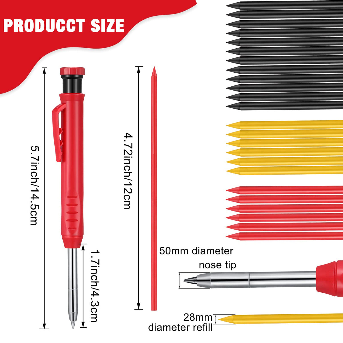 Patelai Mechanical Carpenter Pencils, Construction Pencils Set, Solid Refill Long Nose Deep Hole