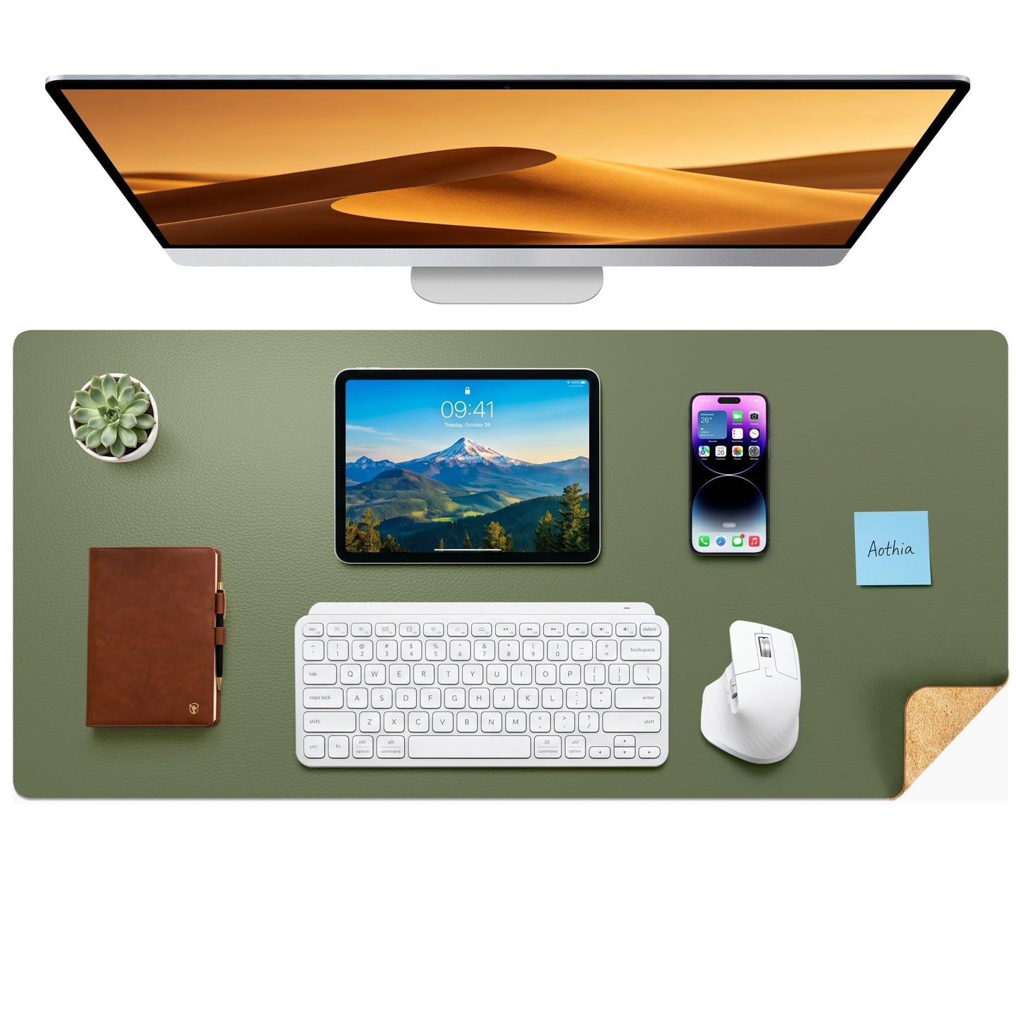 Aothia Dual-Sided Desk Pad - Leather Desk Mat, Natural Cork Desk Pad Protector, Large Mouse Pad for