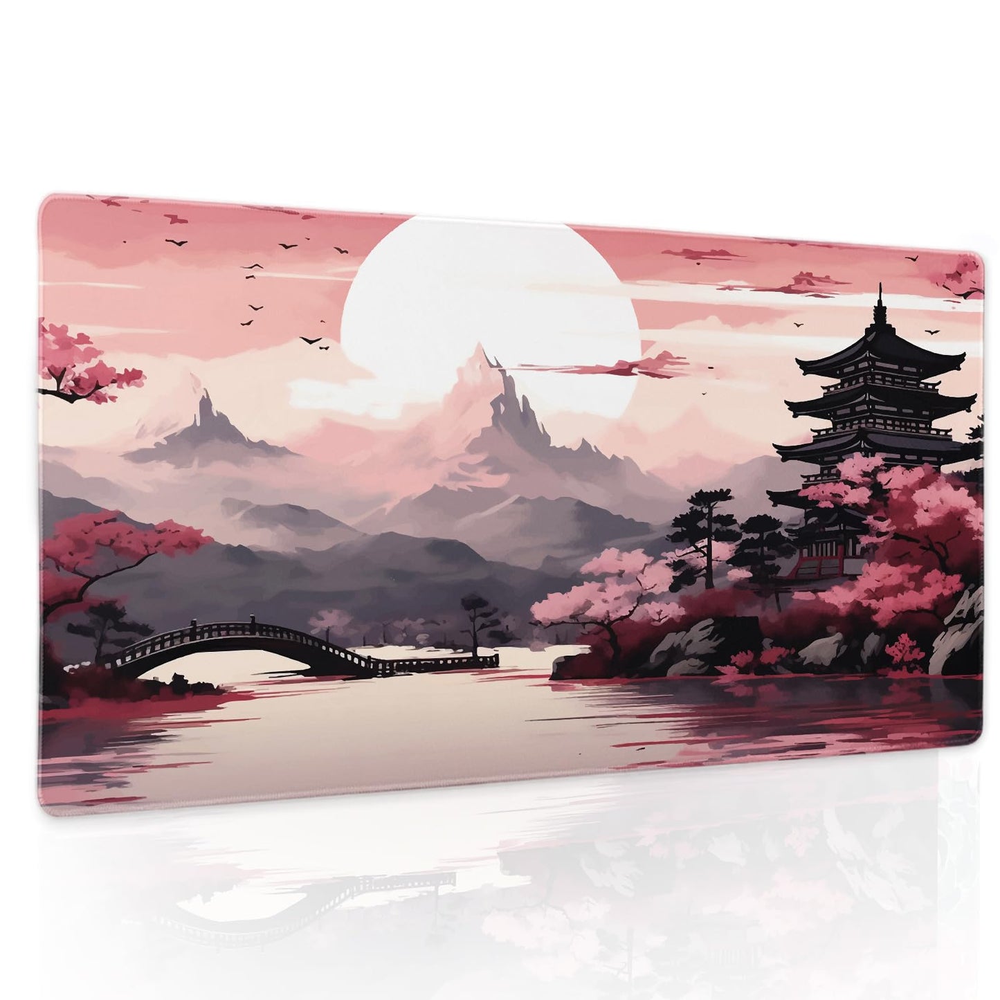 Pink Japanese Sakura Gaming Mouse Pad Large XL Cherry Blossom Tower Mountain Landscape Extended