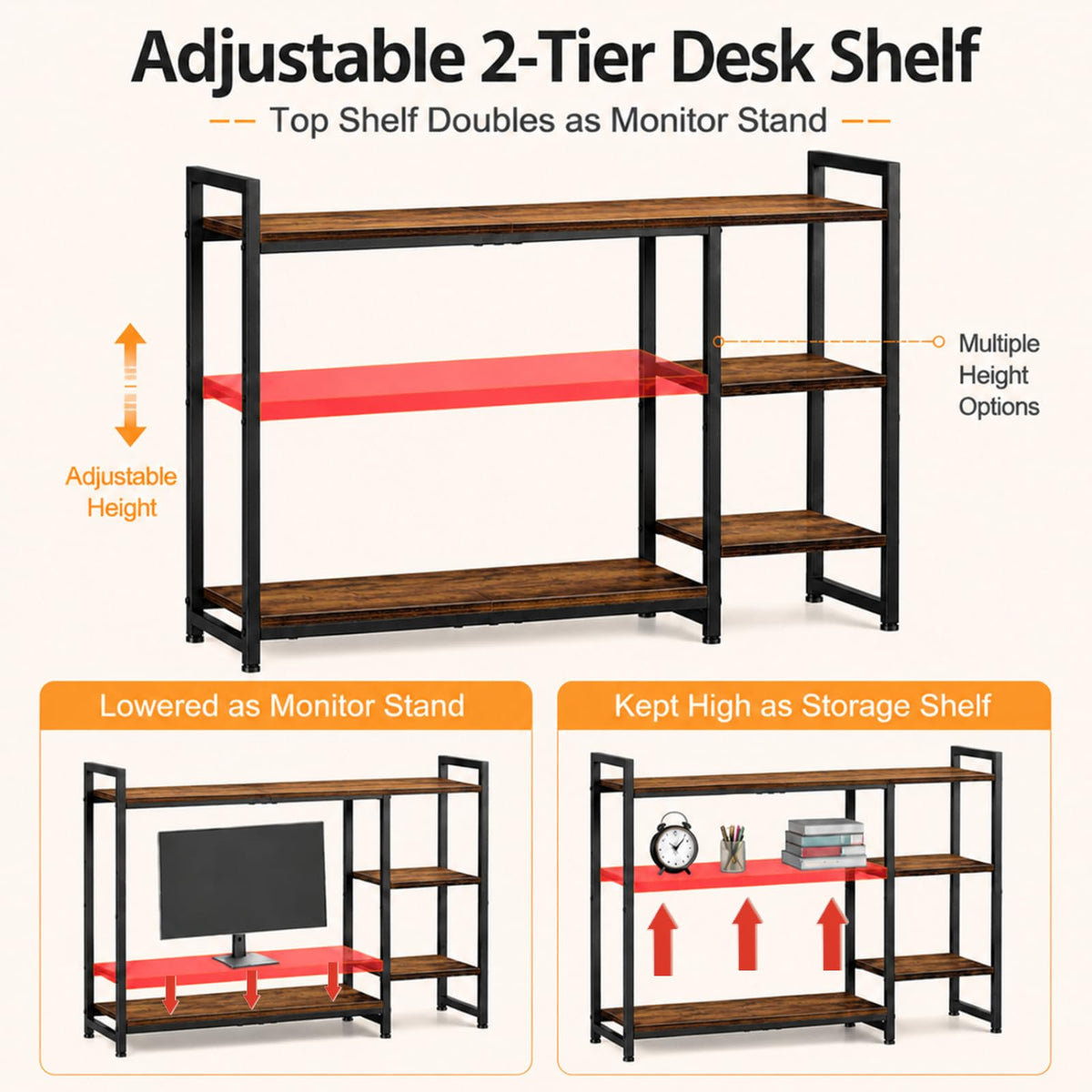 Snughome Adjustable Desk Shelf with Monitor Stand, 38.6" Desktop Organizer Hutch, Height Adjustable