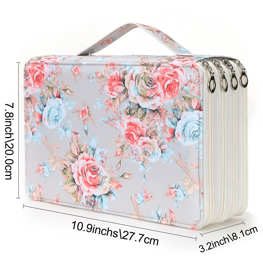 Vomgomfom 200 Slots Pencil Case 4-Layer PU Leather, Handle, Gray Rose