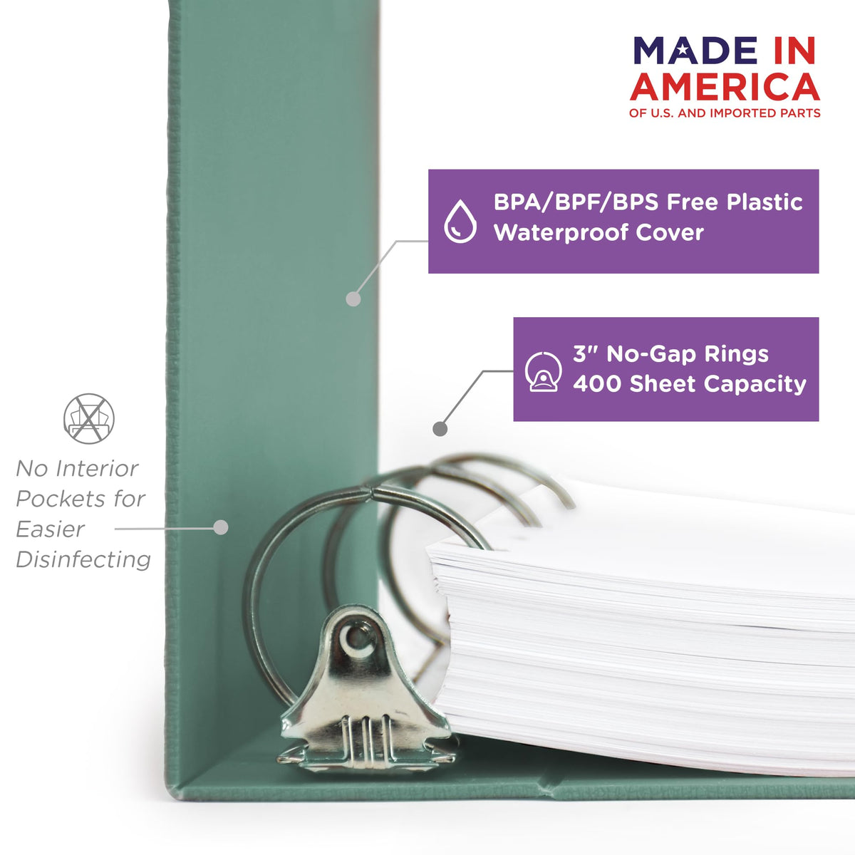 Carstens 3-Inch Heavy Duty 3-Ring Binder - Side Opening, Mint, Durable Plastic, Precision No-Gap