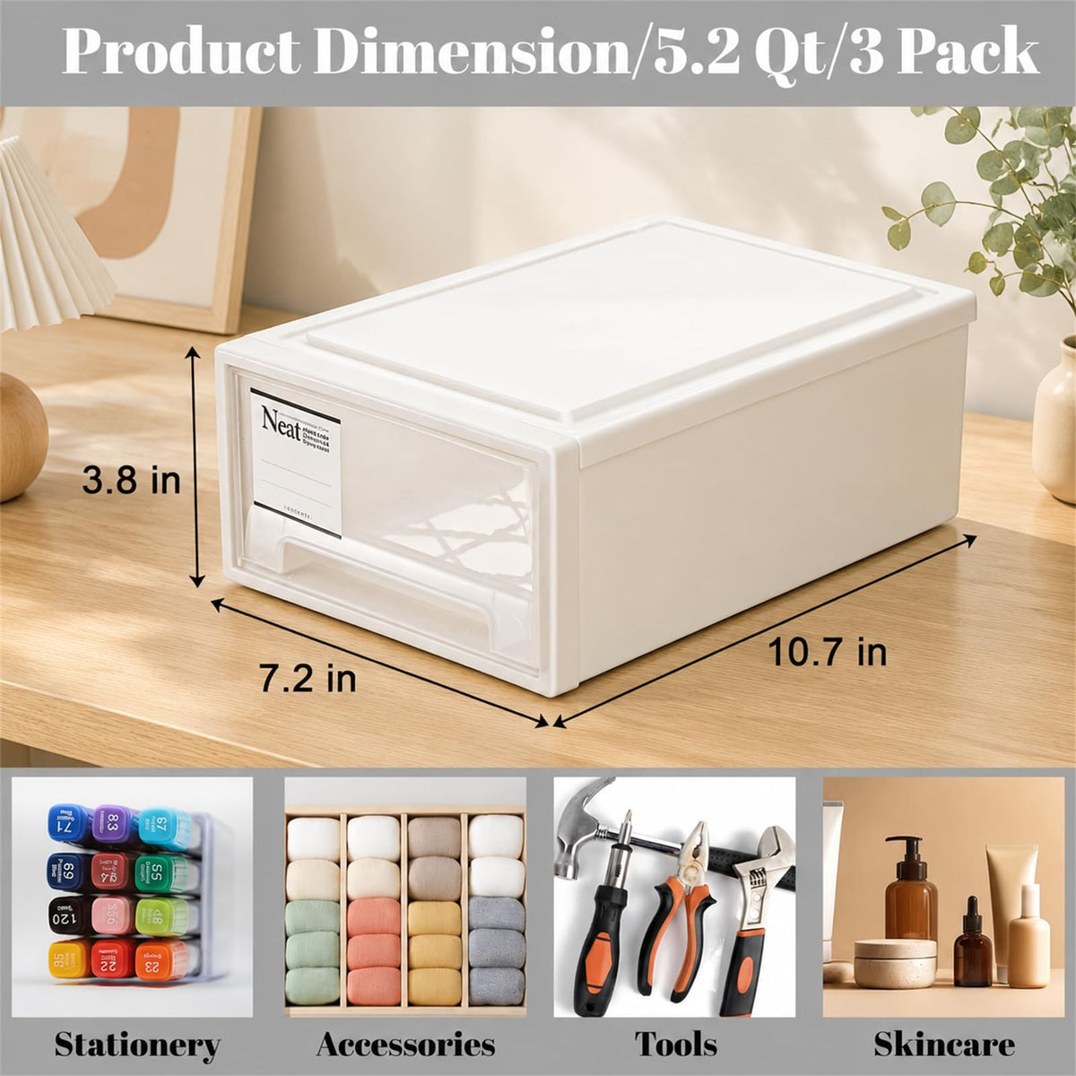 ZENFUN 3 Pack Plastic Stackable DrawerStorage Drawers Bins, Small Drawer-type Desk Organizer Boxes