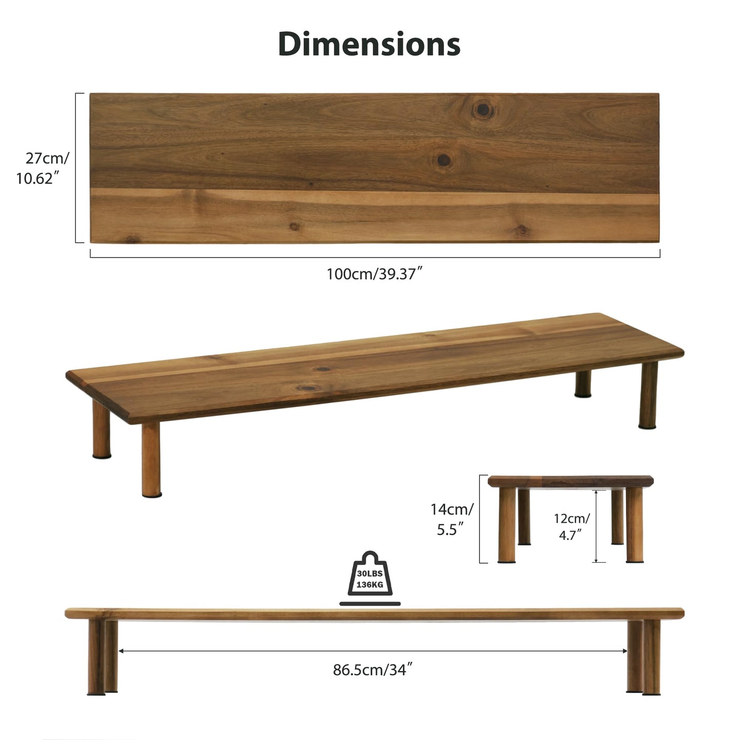 ROCDEER Dual Monitor Stand Riser, Acacia Wood Desktop Shelf with Storage