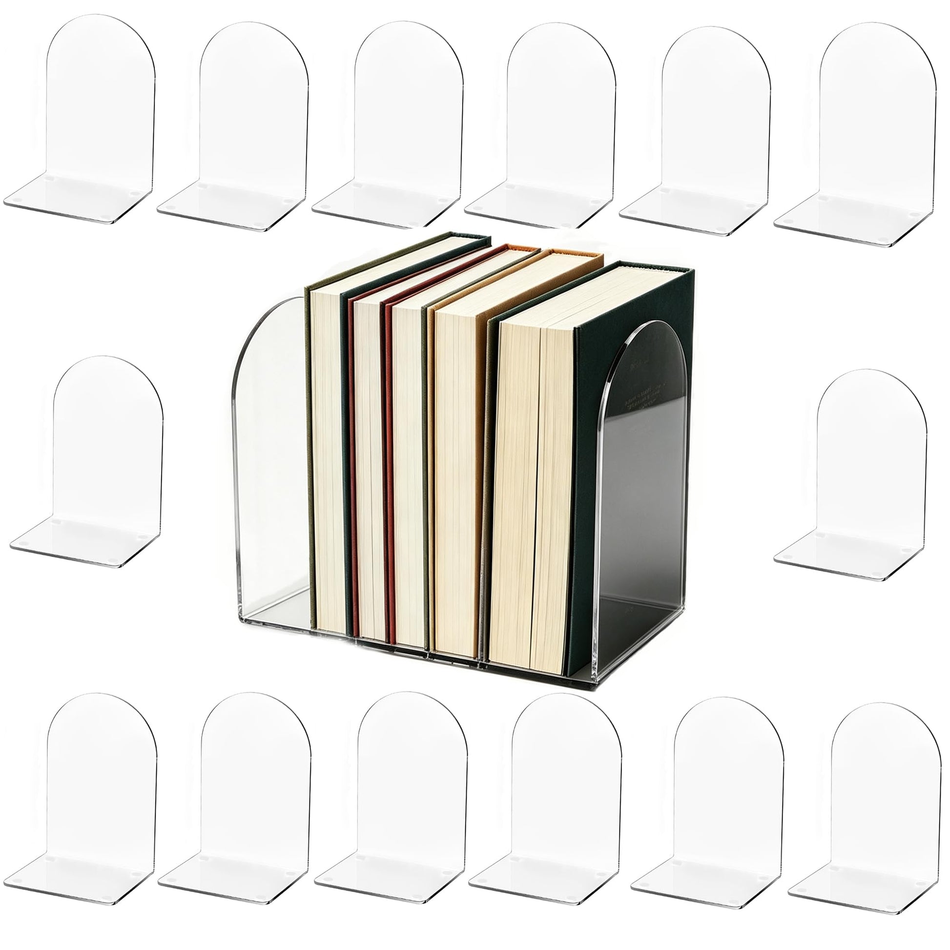 Acrylic Book Ends 16 Pcs, Clear Bookends, Bookend Organizer for Shelves