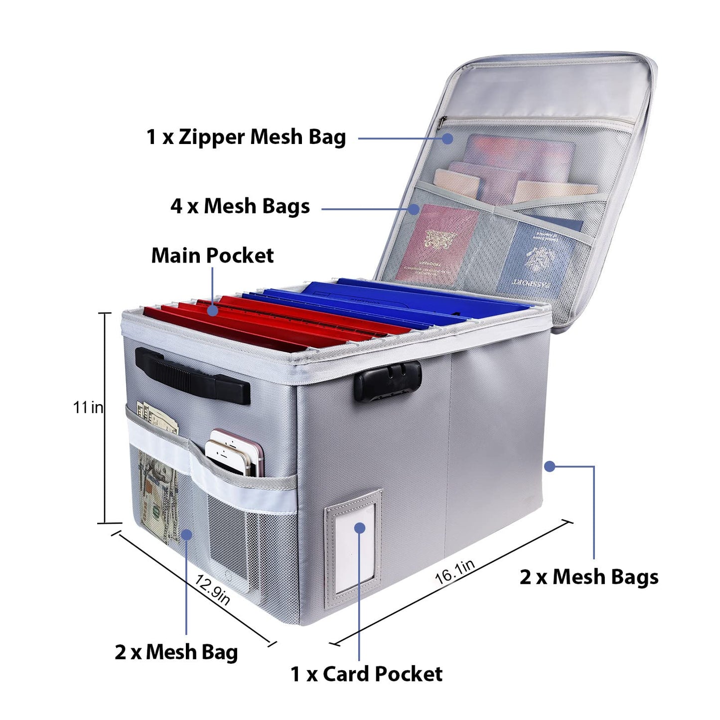 Fireproof Document Box, Fireproof Organizer Safe Box with Lock, Portable Office Storage Cabinet for
