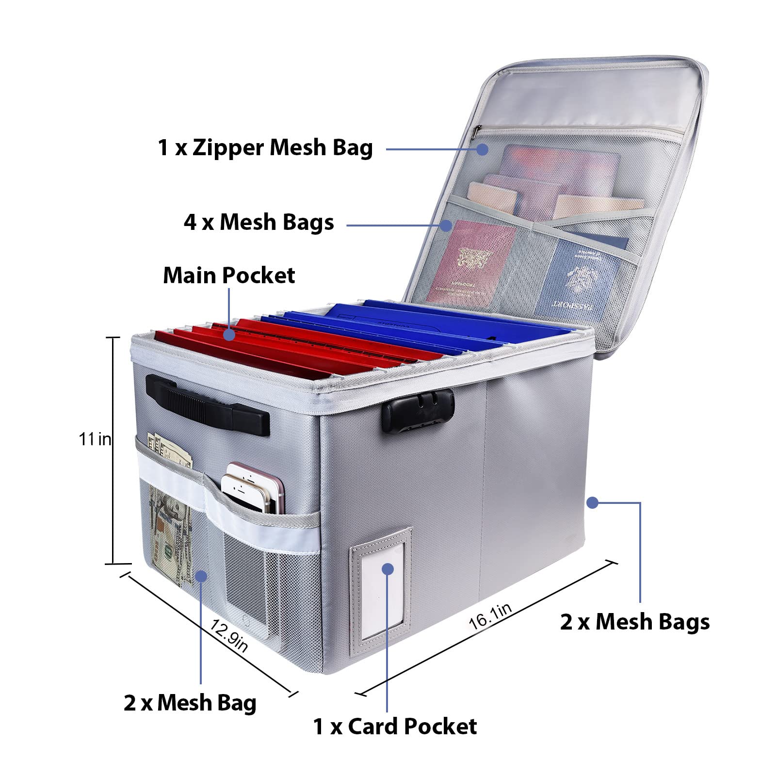 Fireproof Document Box, Fireproof Organizer Safe Box with Lock, Portable Office Storage Cabinet for