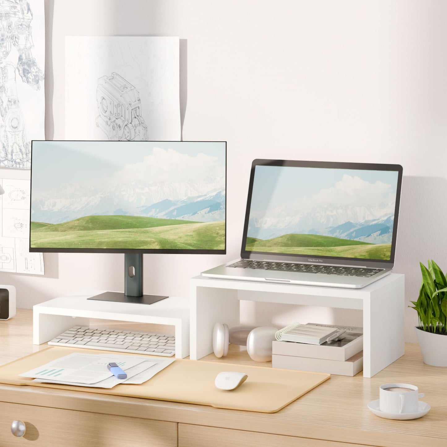 TEAMIX 2-Pack White Monitor & Laptop Stand Riser, High-Low Dual Monitor Set