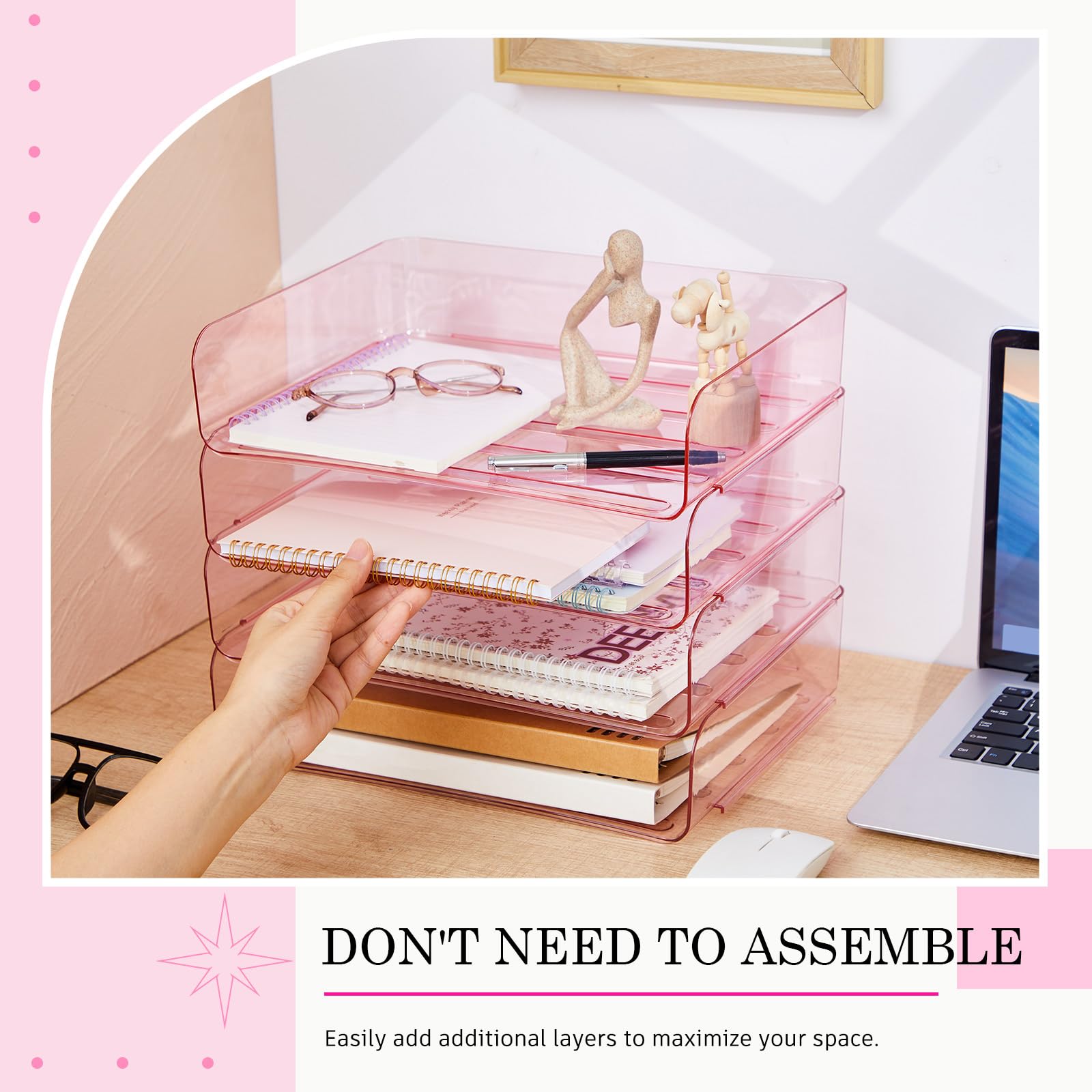 Harloon 4 Tier Paper Organizer Clear Pink Letter Tray Acrylic File Tray