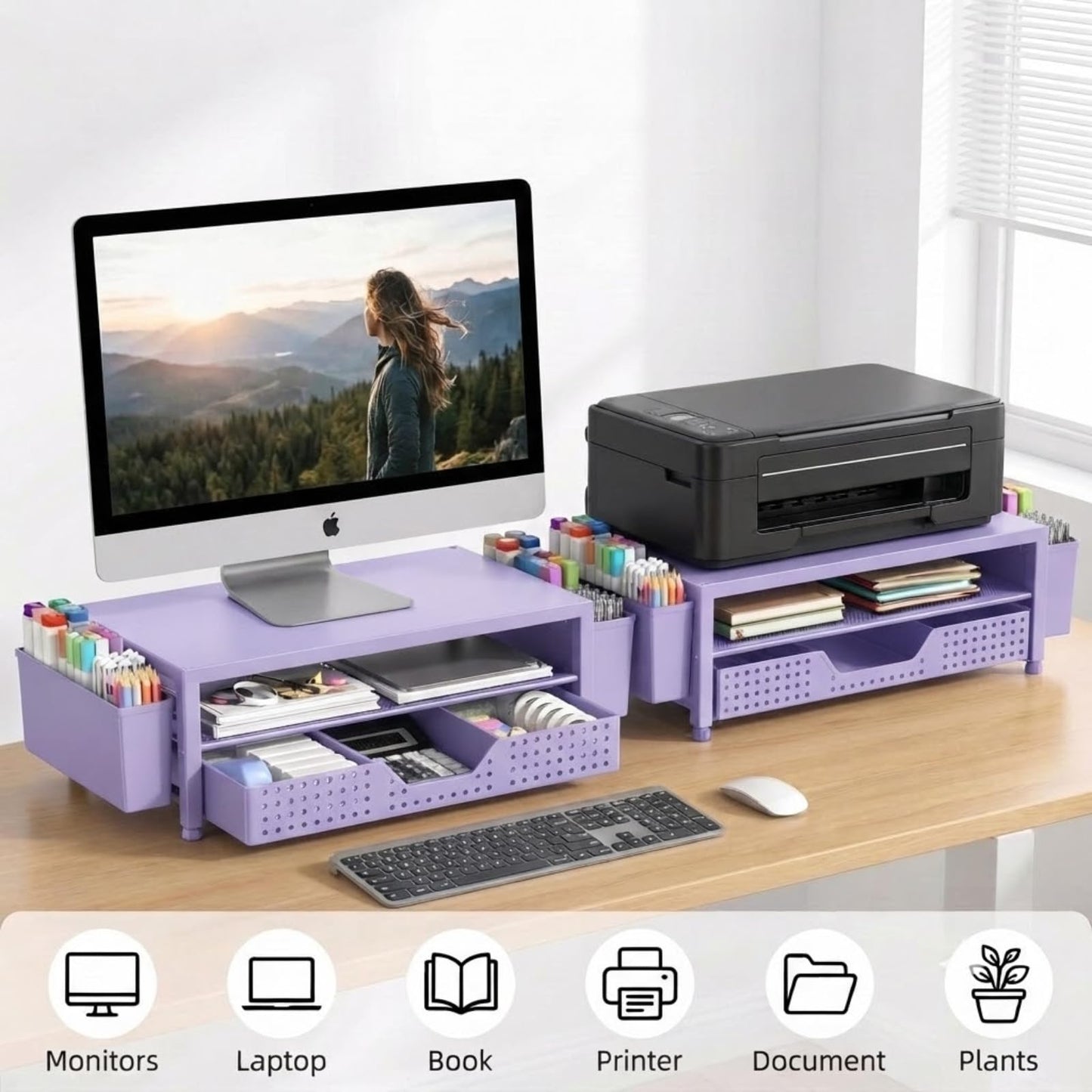 ECOLOVI Desk Organizer and Accessories, 2-Tier Computer Monitor Stand Rise with Storage Drawer & 2