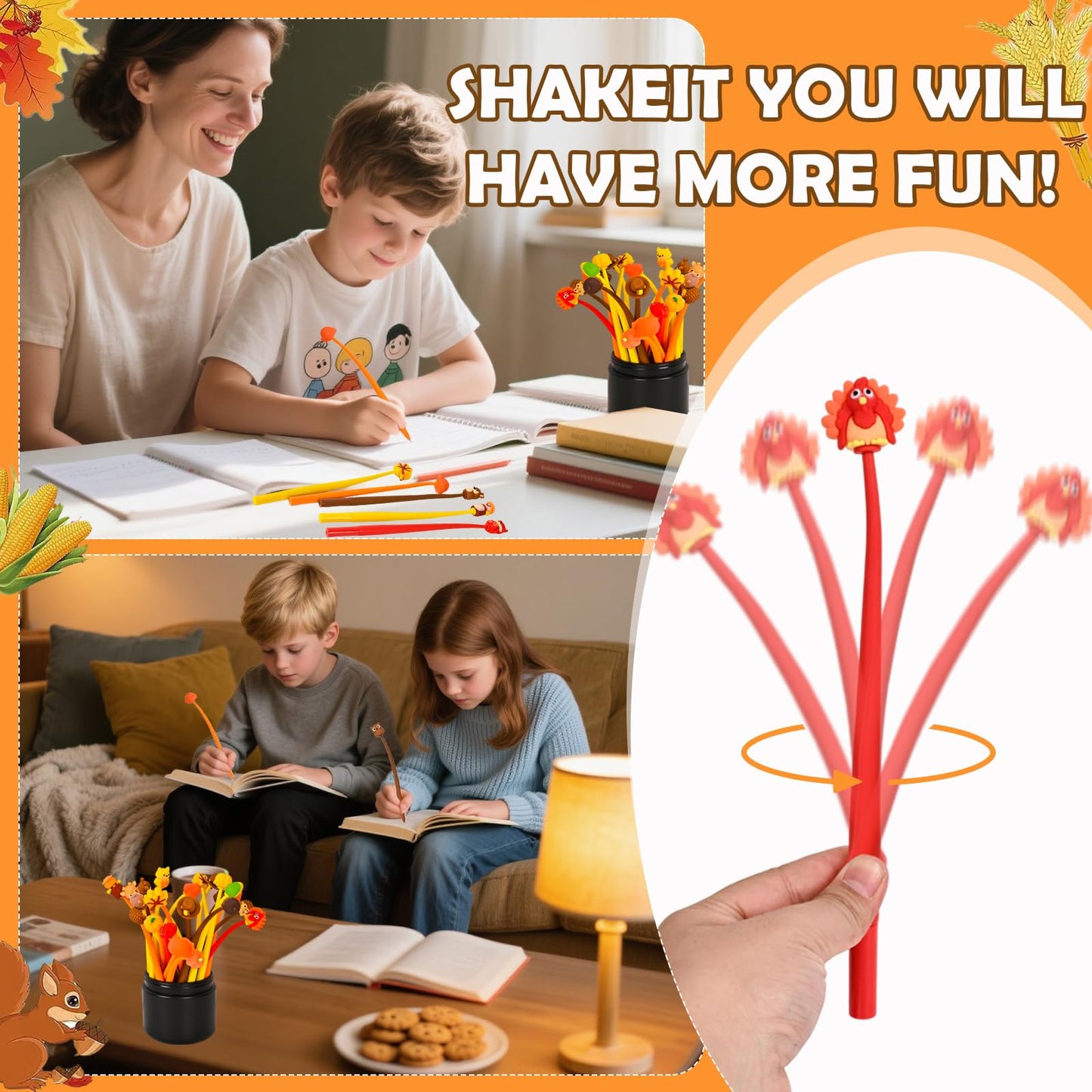 LiYiQ 50 PCS Thanksgiving Stress Relief Bobblehead Pens Maple leaves Pumpkins Scarecrows Turkeys