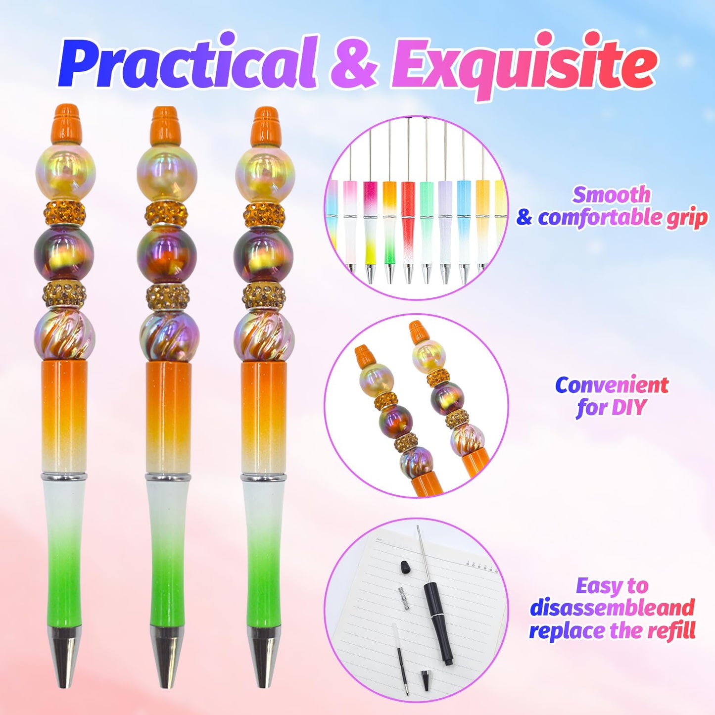 DASTTUIS 150 Pieces DIY Beadable Pens Kit - 50 plastic Beadable Pens Bulk, Refills & pen bags