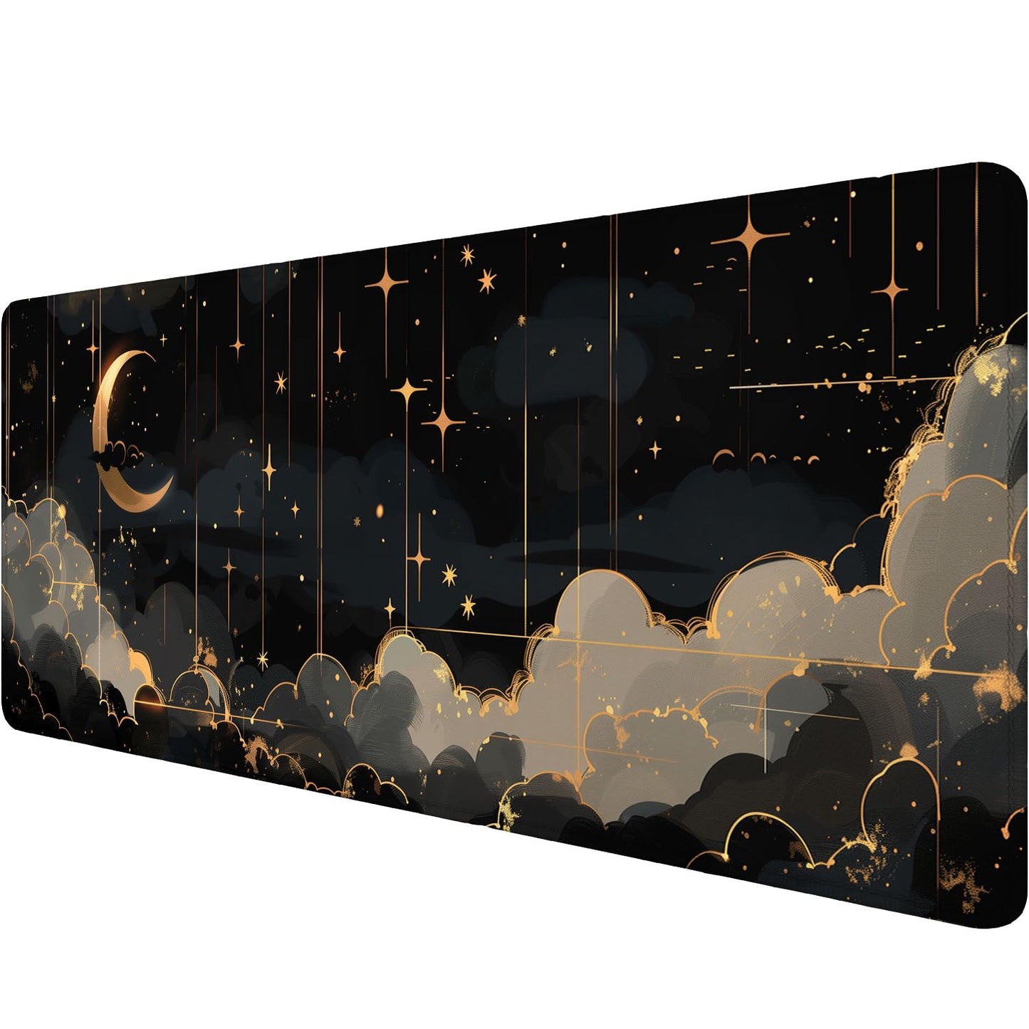 Black Gold Celestial Desk Pad Space Moon Cloud Extended Gaming Mouse Pad Mat with Stitched Edge