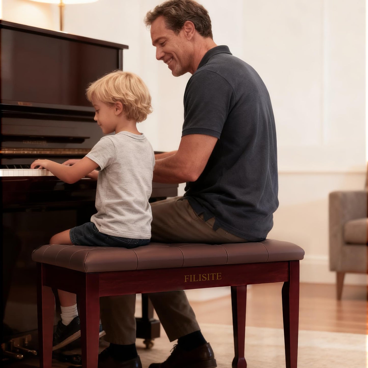 FILISITE Duet Piano Bench with Storage, Wooden Piano Stool with Waterproof Padded Cushion, Bench