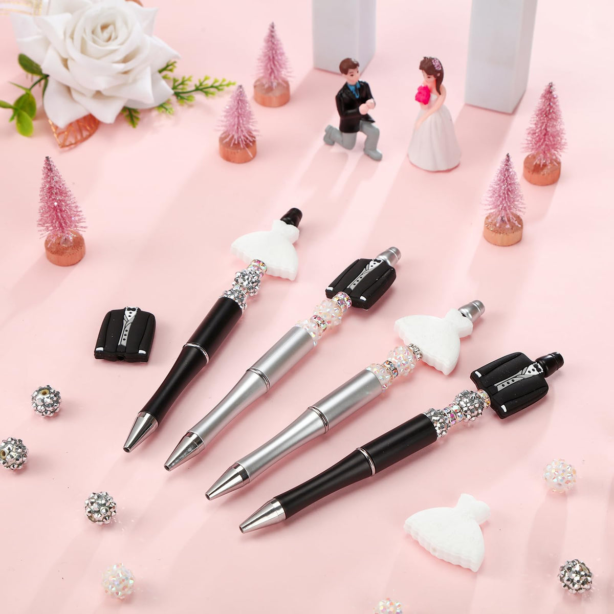 Ctosree 36 Sets Wedding Beadable Pens Beads Black Ink Bride Party Favor