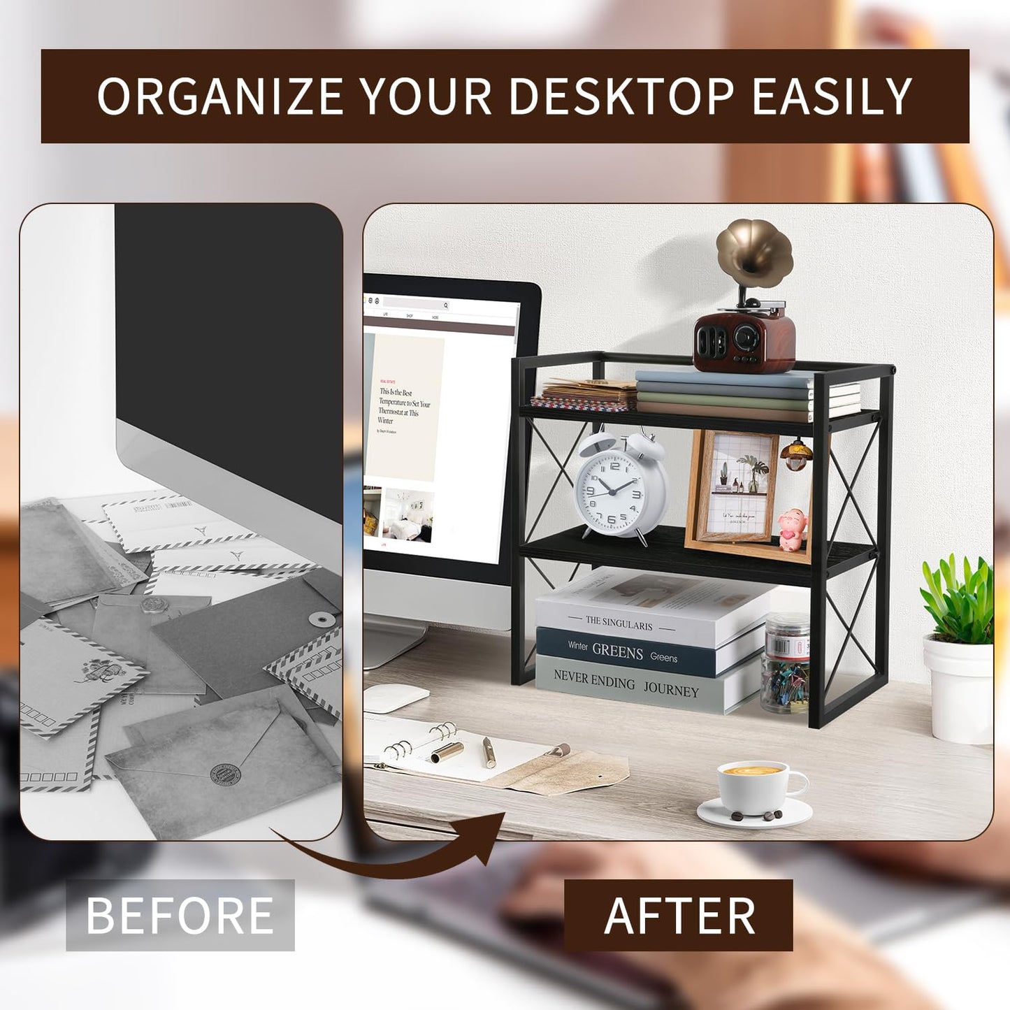 YINMIT Desktop Shelf Organizer, 2 Tier Office Shelves, Wood Desk Organizer Storage Rack and