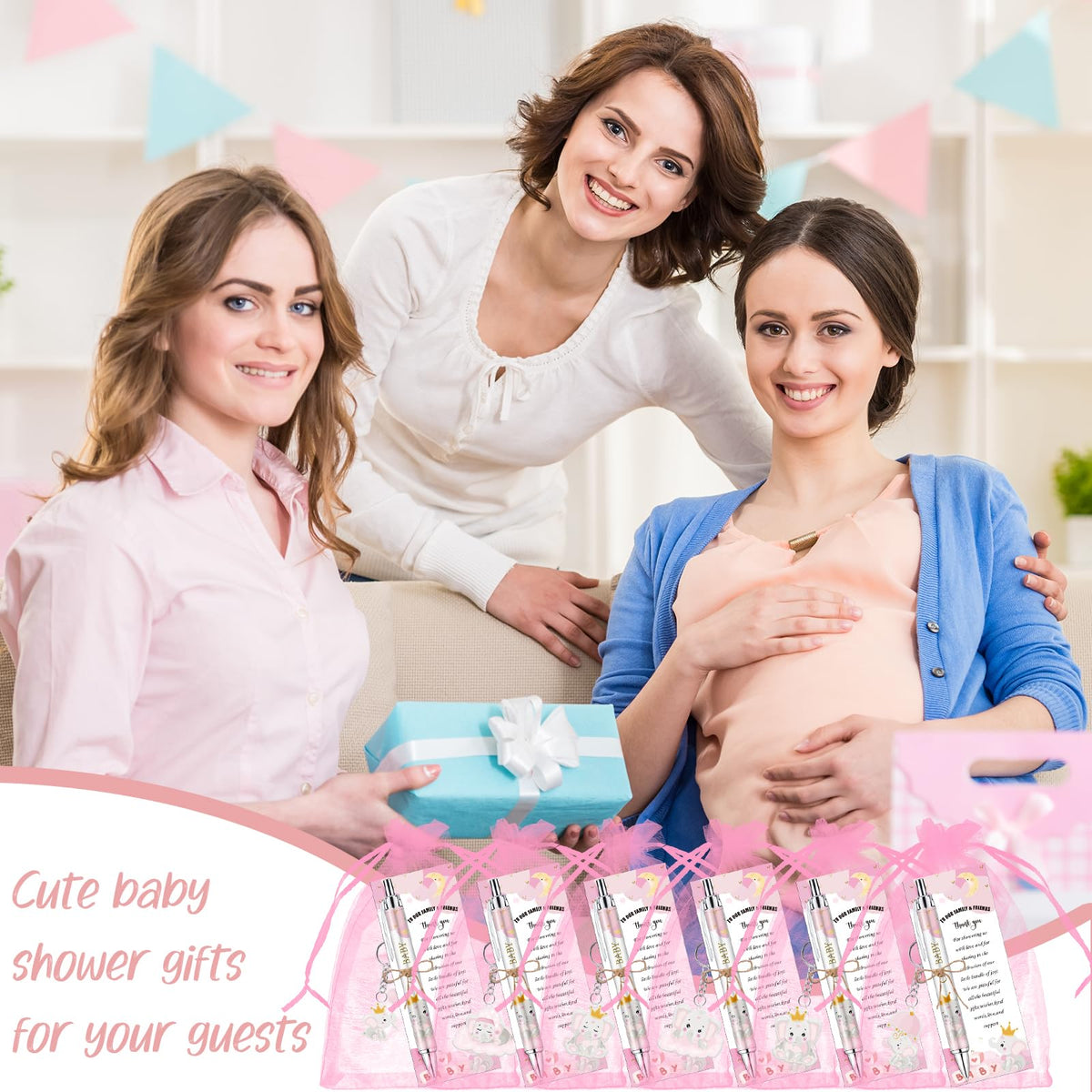EYNDYN 145 Pieces Baby Shower Favors for Guest Pink Elephant Ballpoint Pens and Keychains Gifts for