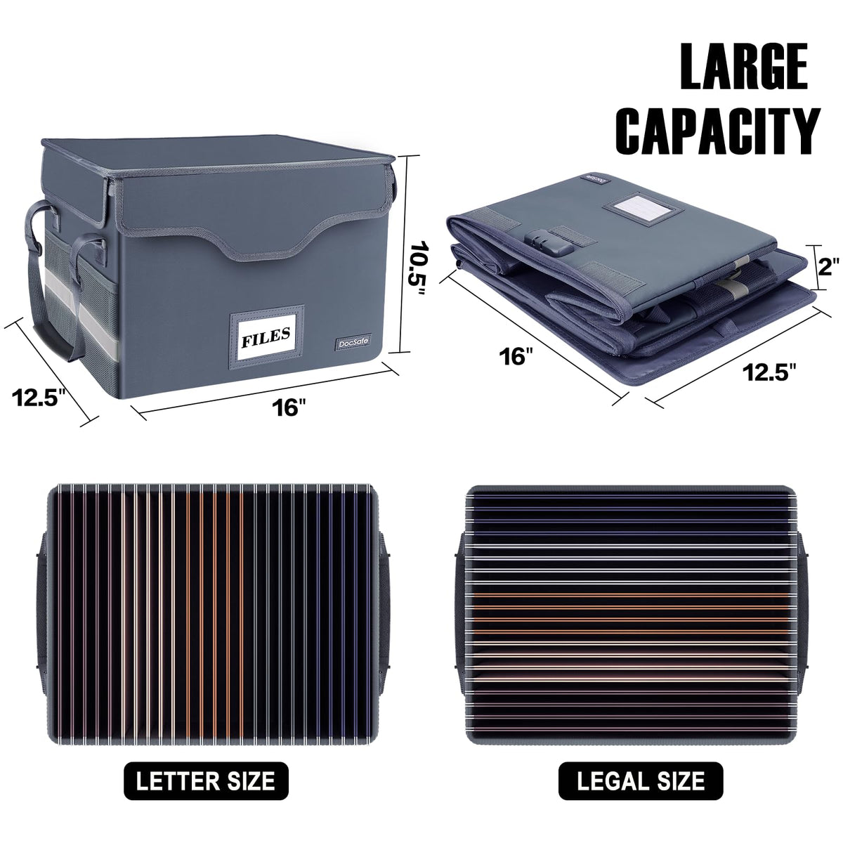 DocSafe Fireproof Document Box with Lock,File Storage Organizer with Zipper Pockets,Collapsible