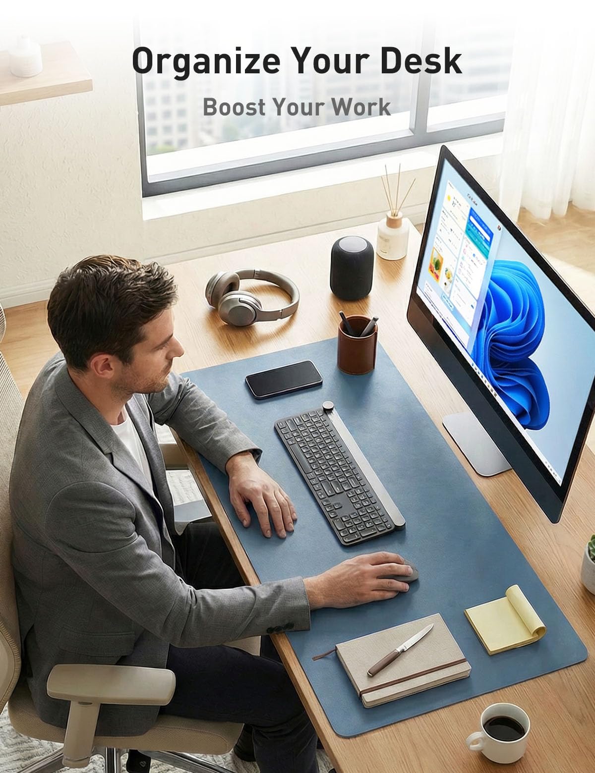 Aothia Faux Leather Desk Mat - Non-Slip PU Leather Desk Blotter, Waterproof Writing Surface, Large