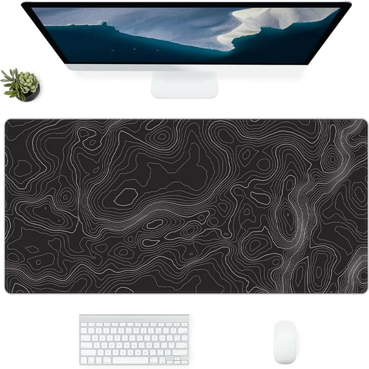 keepcute Black Topographic Desk Mat, Large Gaming Mouse Pad 35.4x15.7in