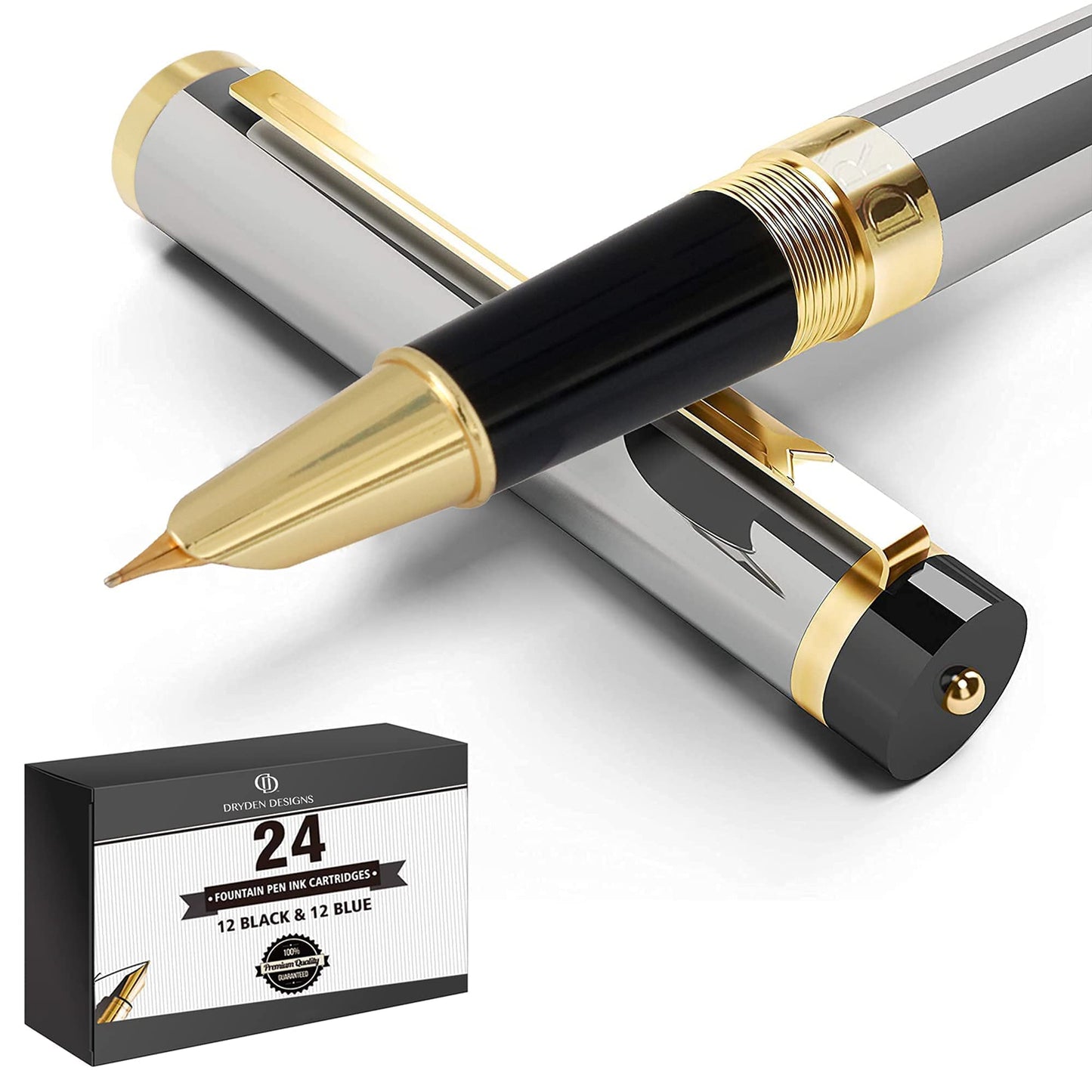 Dryden Designs Fountain Pen - Medium and Fine Nibs - Metallic Silver - Includes 24 Ink Cartridges