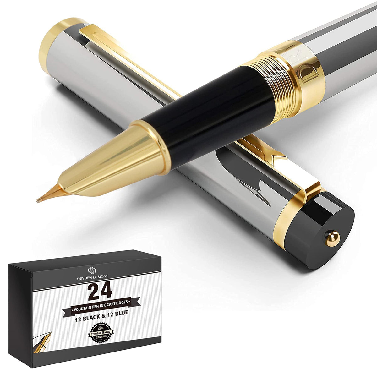 Dryden Designs Fountain Pen - Medium and Fine Nibs - Metallic Silver - Includes 24 Ink Cartridges