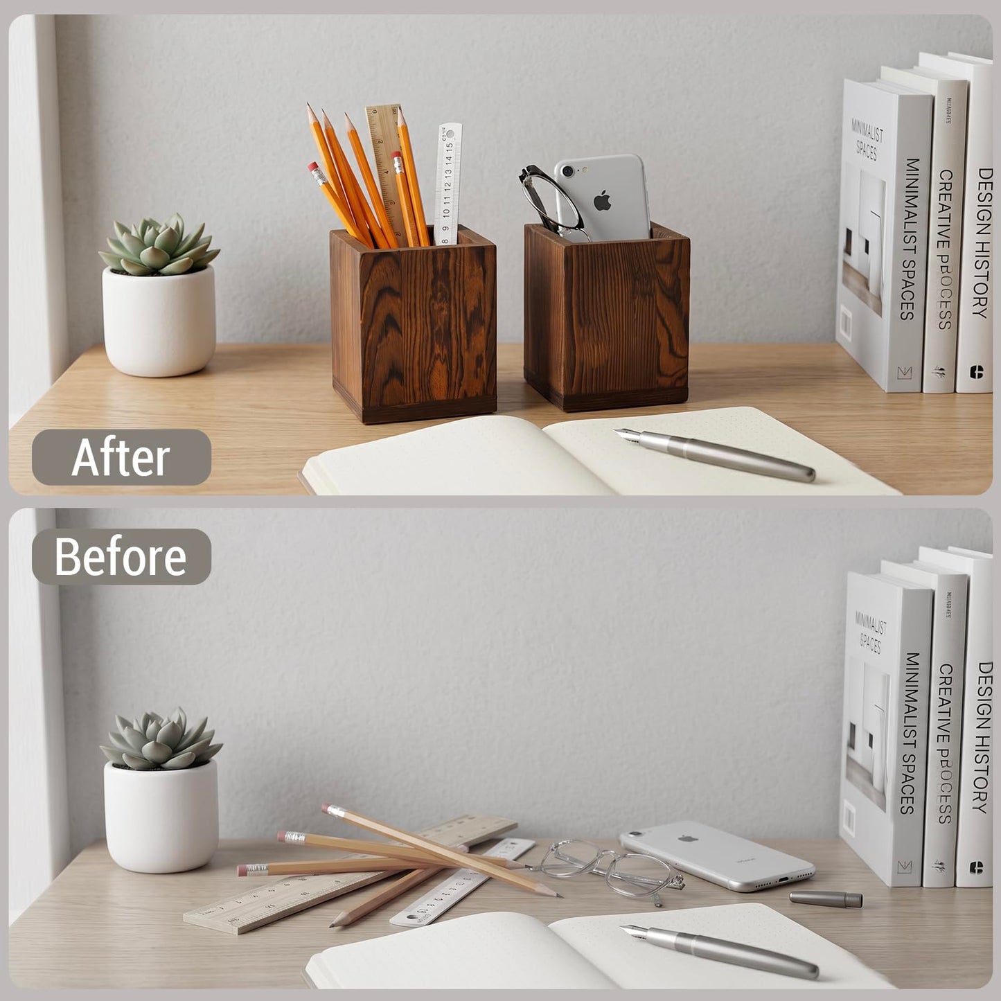 MyGift 2pc Natural Wood Pen Holder Pencil Cup, Desktop Organizer