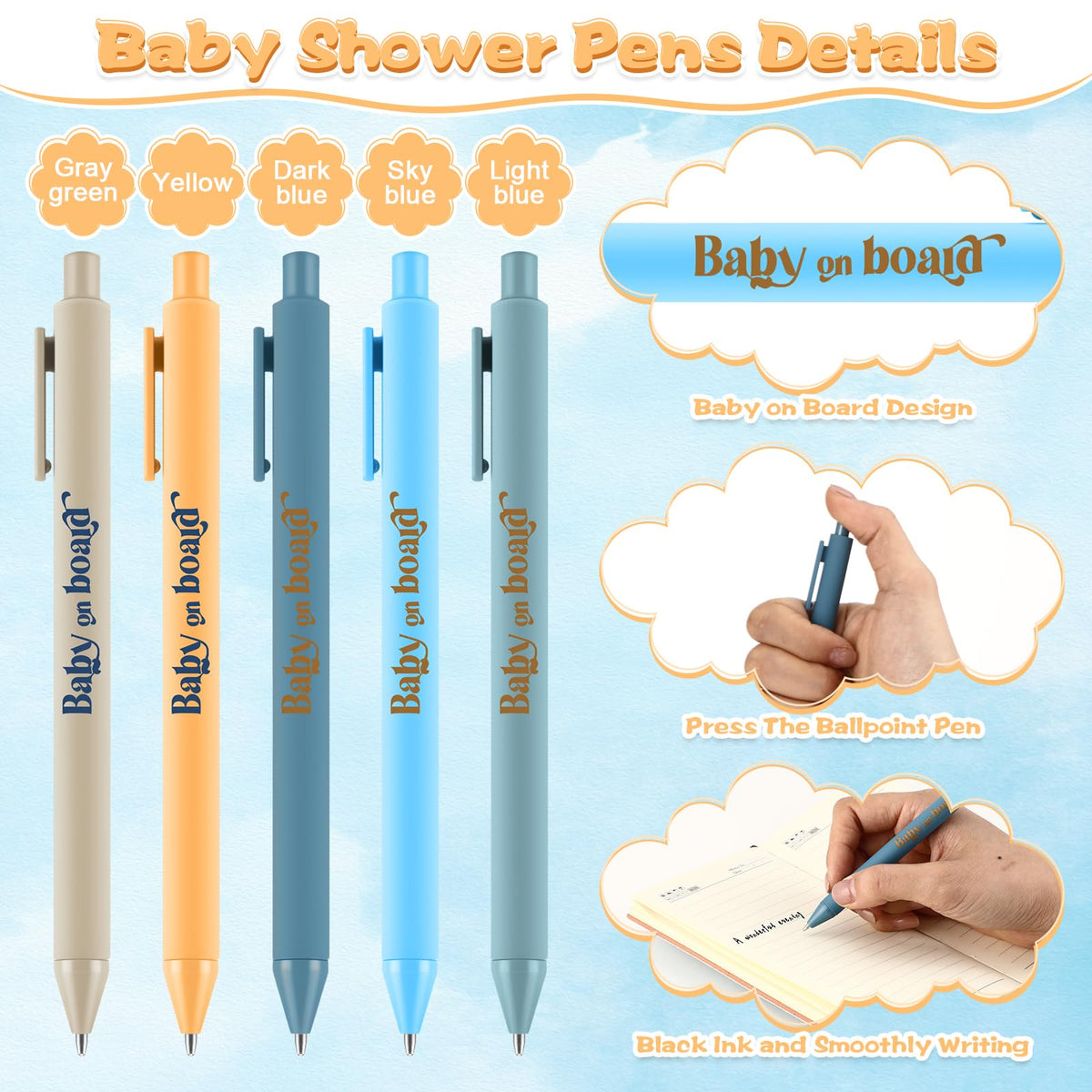 Engrowtic 50 Set Baby on Board Baby Shower Gifts Pens for Guests Funny Summer Beach Surfboard Party