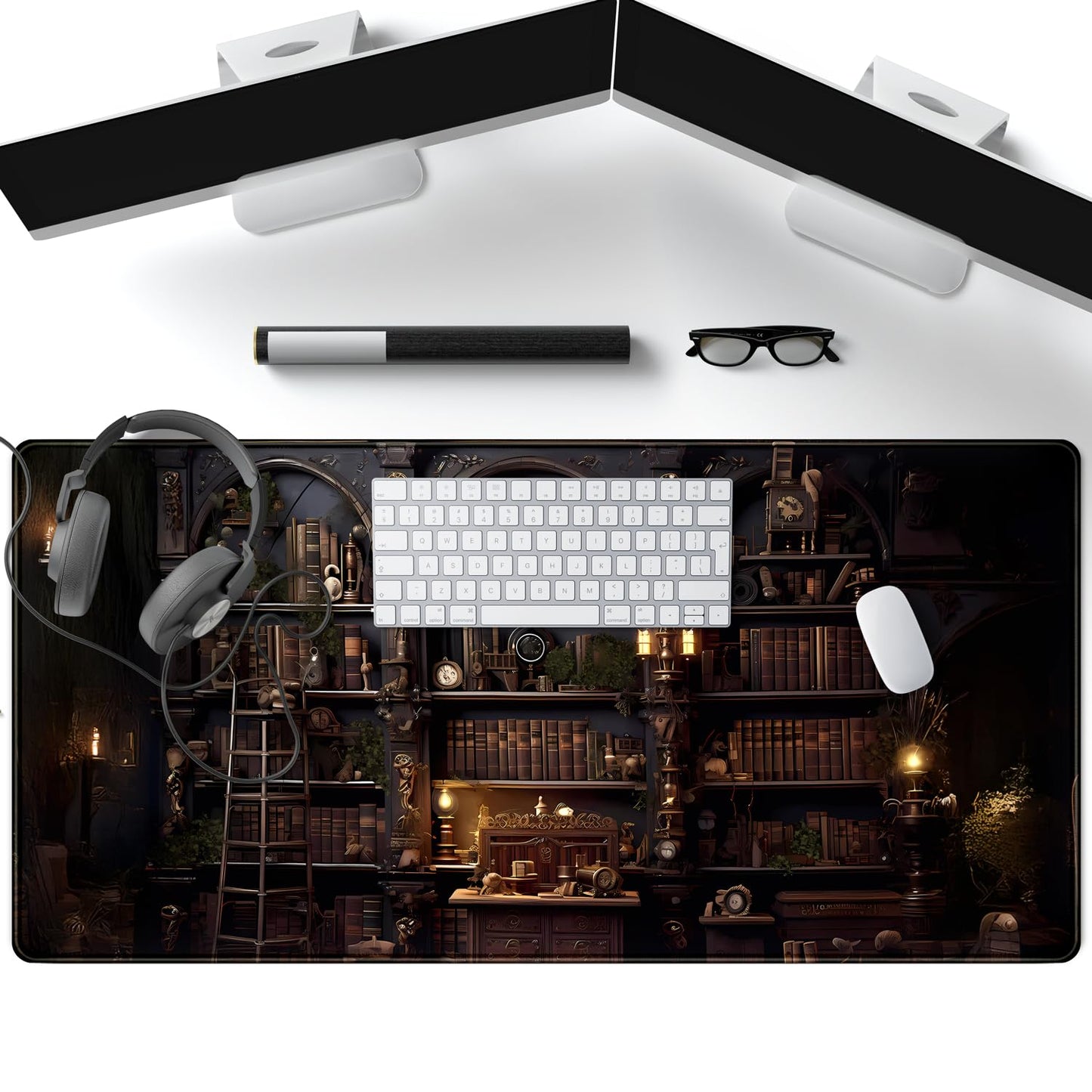 Black Vintage Gothic Desk Mat Black Dark Academia Desk Pad Medieval Bookshelf Large Flower Mouse