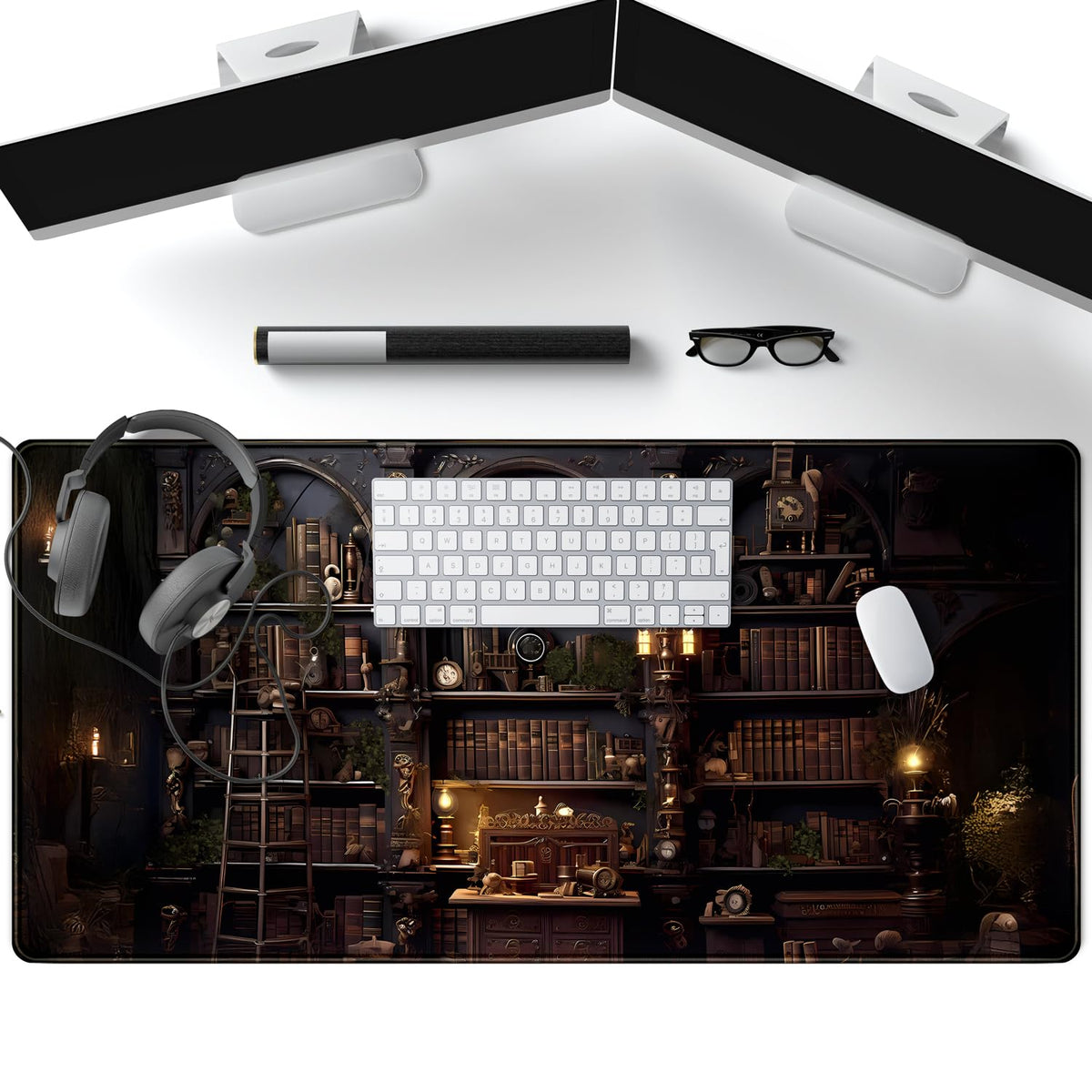 Black Vintage Gothic Desk Mat Black Dark Academia Desk Pad Medieval Bookshelf Large Flower Mouse