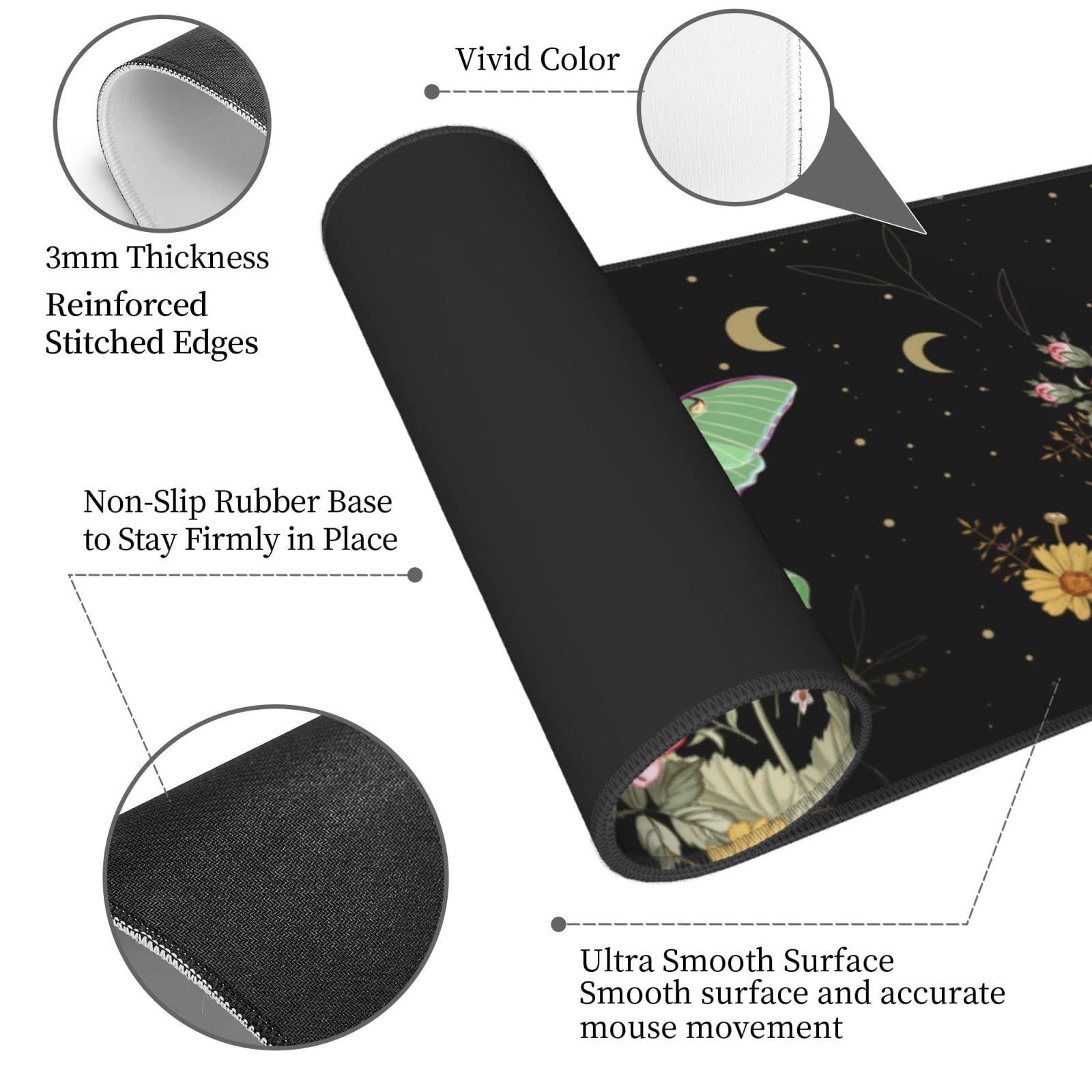 Moon Phase Moth Garden Black XXL XL Large Gaming Mouse Pad for Desk, Non-Slip Long Extended