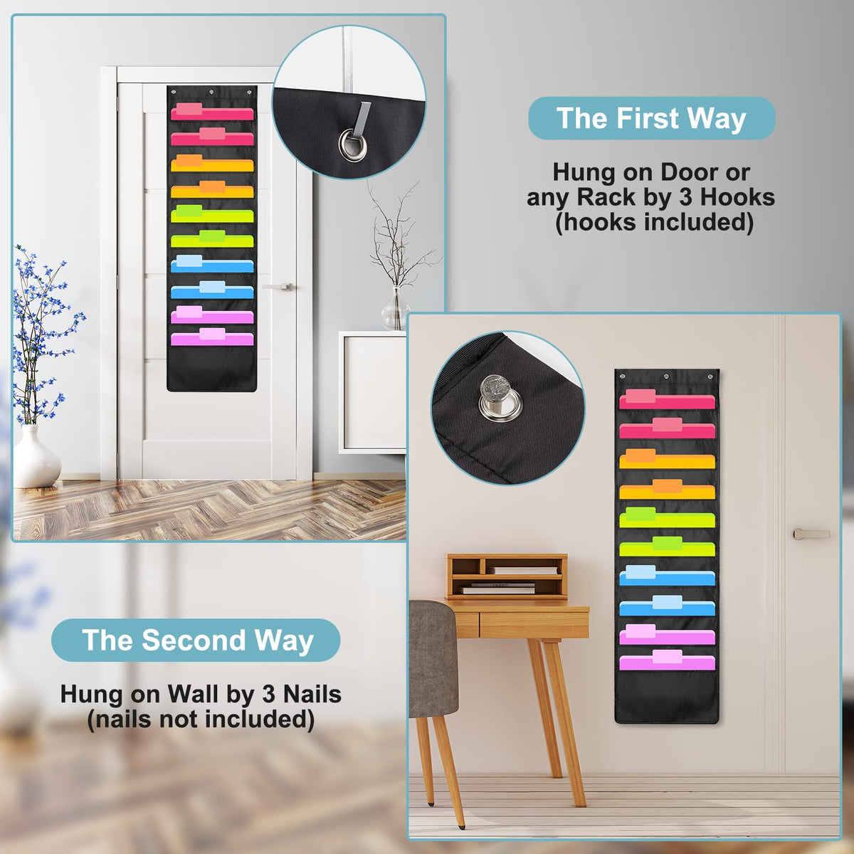 Geyee 4 Pack Hanging Wall File Organizer with Door Hooks, 10 Pocket