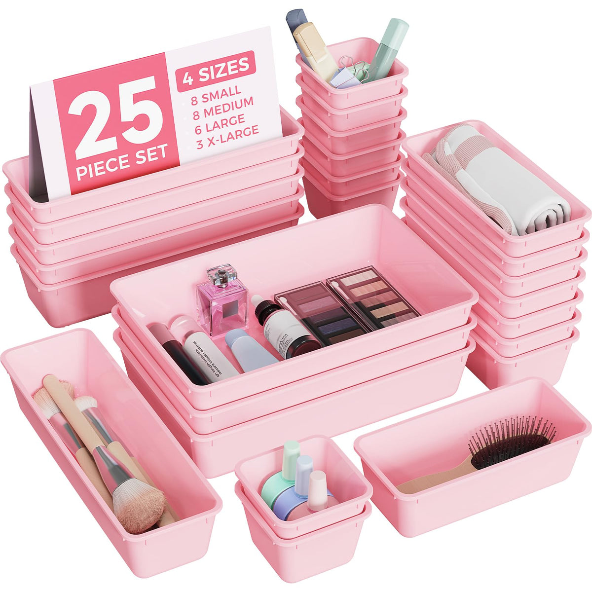 BiuLeon 25 PCS Plastic Drawer Organizers Set, 4-Sizes Vanity and Makeup Organizer, Desk and