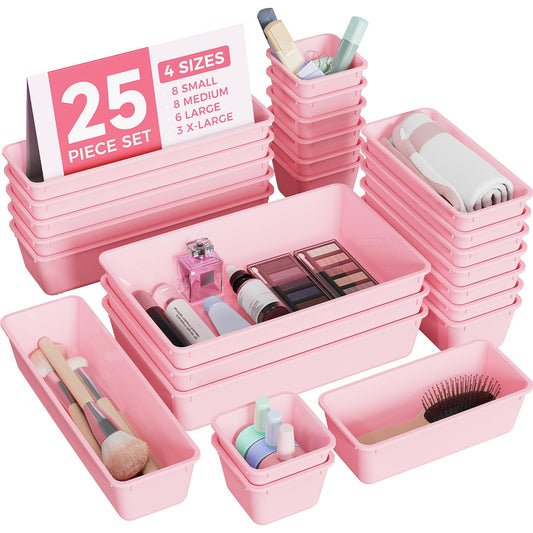 BiuLeon 25 PCS Plastic Drawer Organizers Set, 4-Sizes Vanity and Makeup Organizer, Desk and