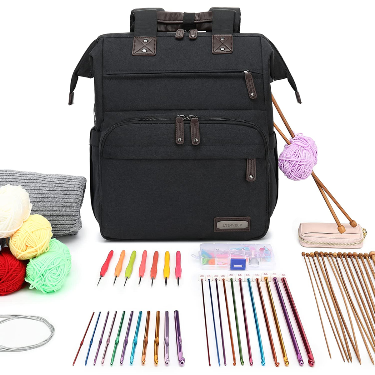 Knitting Bag Backpack Yarn Storage Organizer Travel Bag with USB Charging Port, Tote Bag Holder for