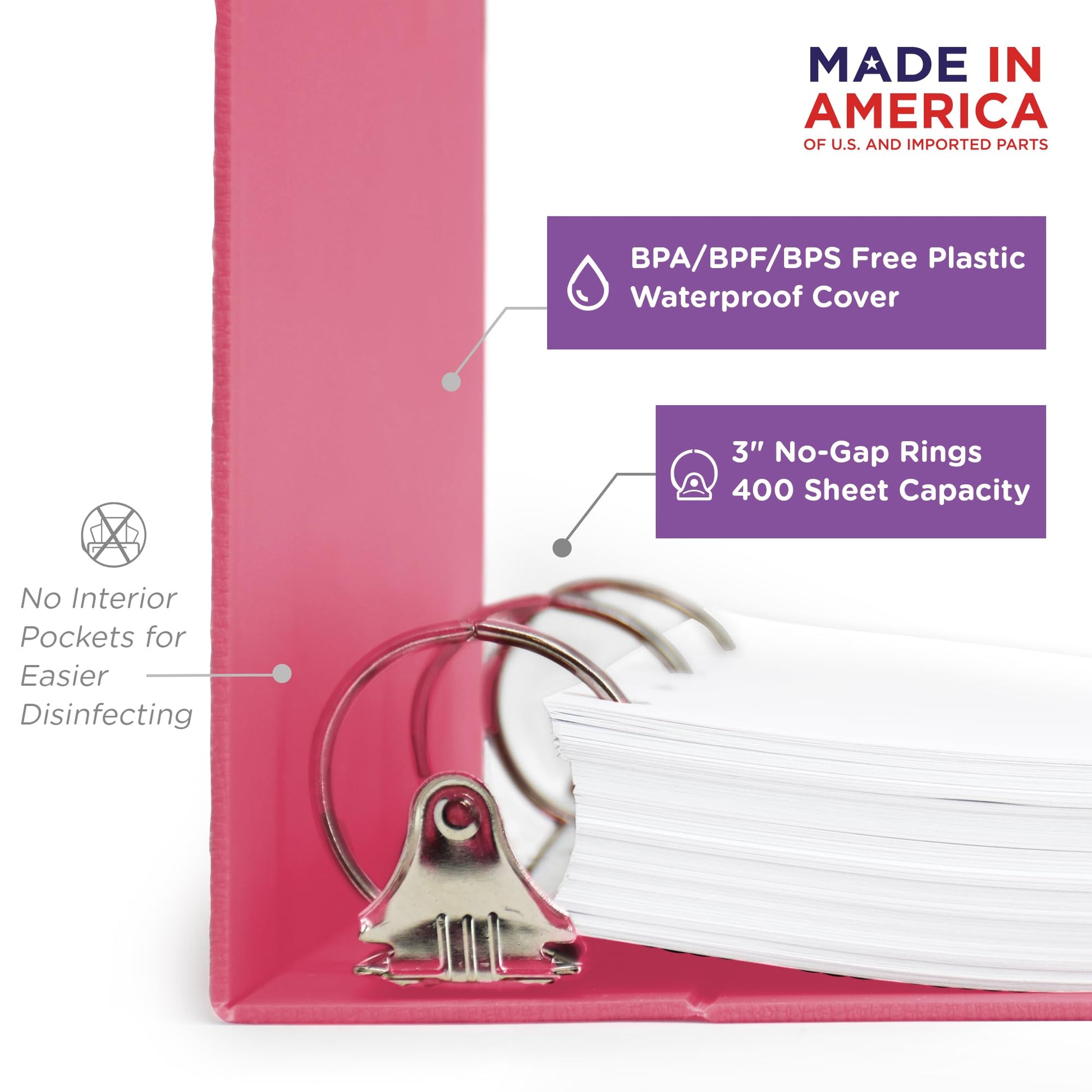 Carstens 3-Inch Heavy Duty 3-Ring Binder - Side Opening, Bubblegum Pink, Durable Plastic, Precision