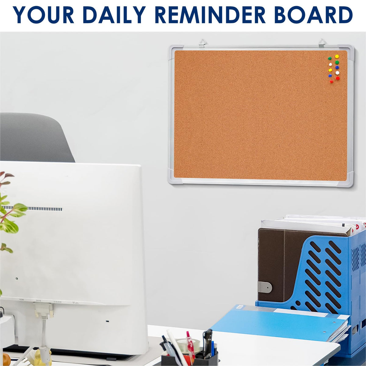 Cork Board 24x18 in, Framed Wall Hanging Bulletin Board with 10 Thumb Tacks