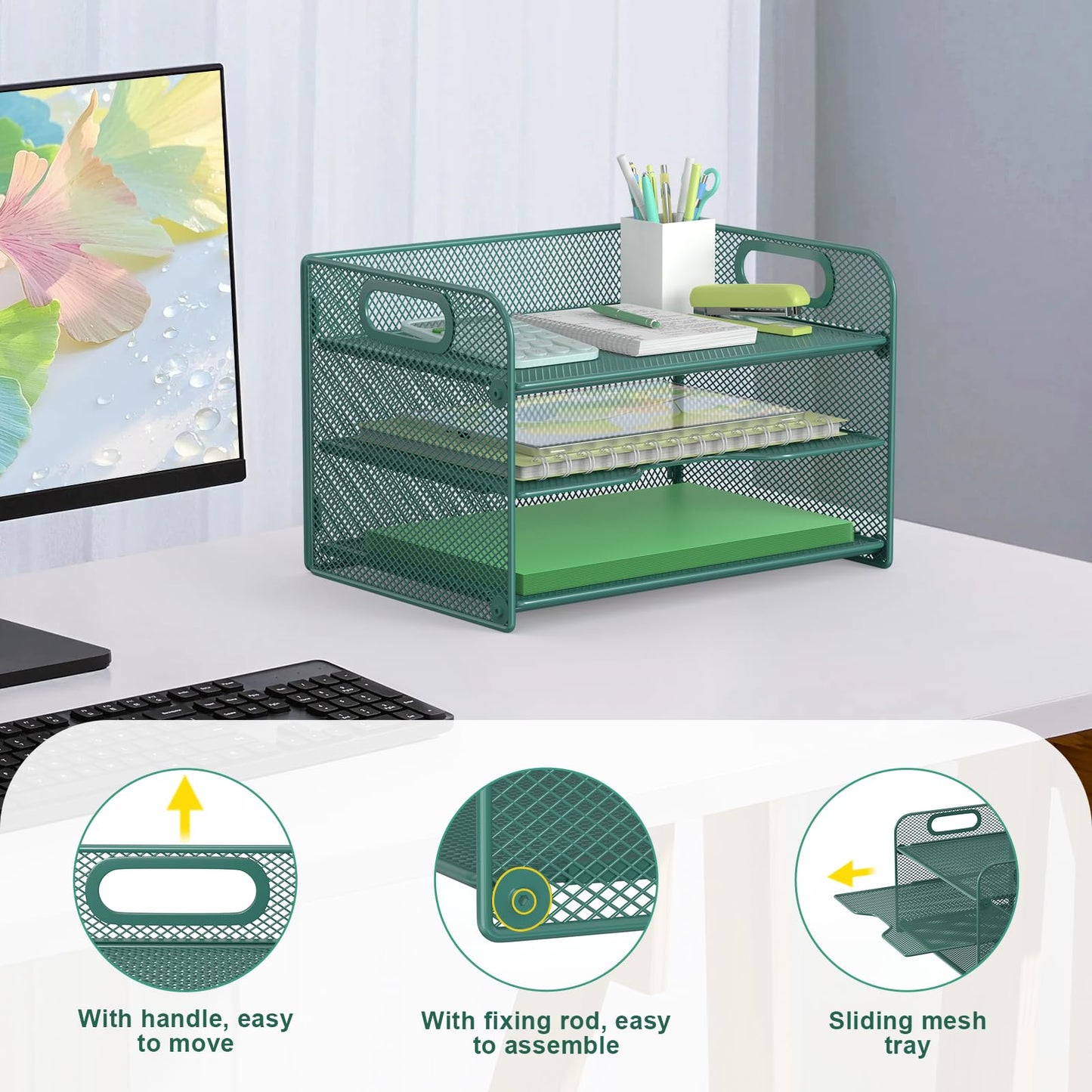Samstar 3 Tier Green Letter Tray Paper Organizer with Handle, Mesh Desk Organizer Paper Sorter File
