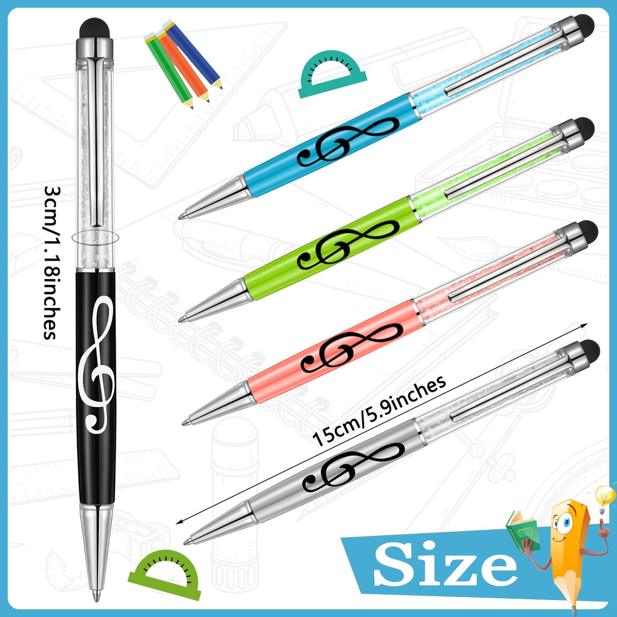 Outus 24 Pieces Stylus Music Pen 2-in-1 Piano Student Gift Crystal Ballpoint Retractable Pen