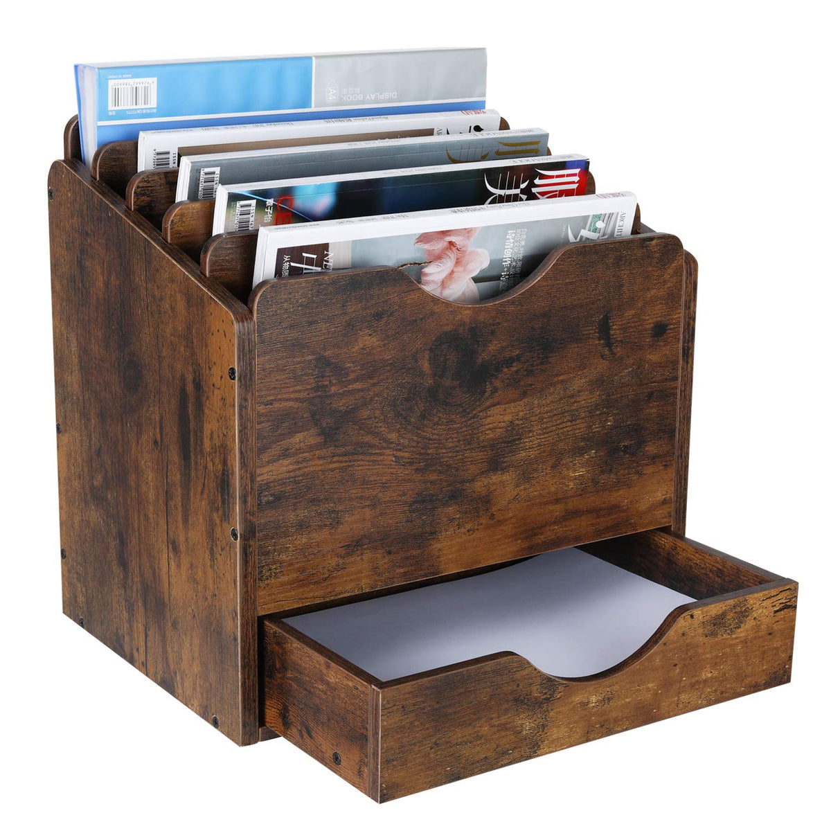 PAG-Mass Wood Desktop File Holder Organizer Mail Sorter with Drawer, for File Folders, Mails