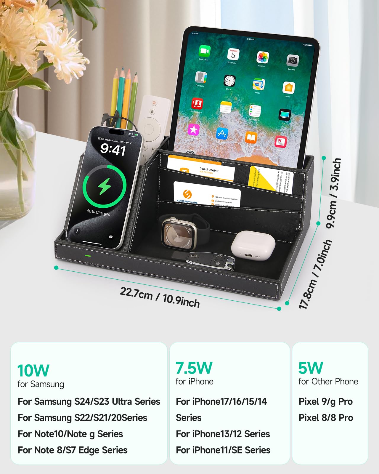Valet Tray, Built in Wireless Charging Pad, Nightstand Organizer, Dresser Organizer, Mens Jewelry