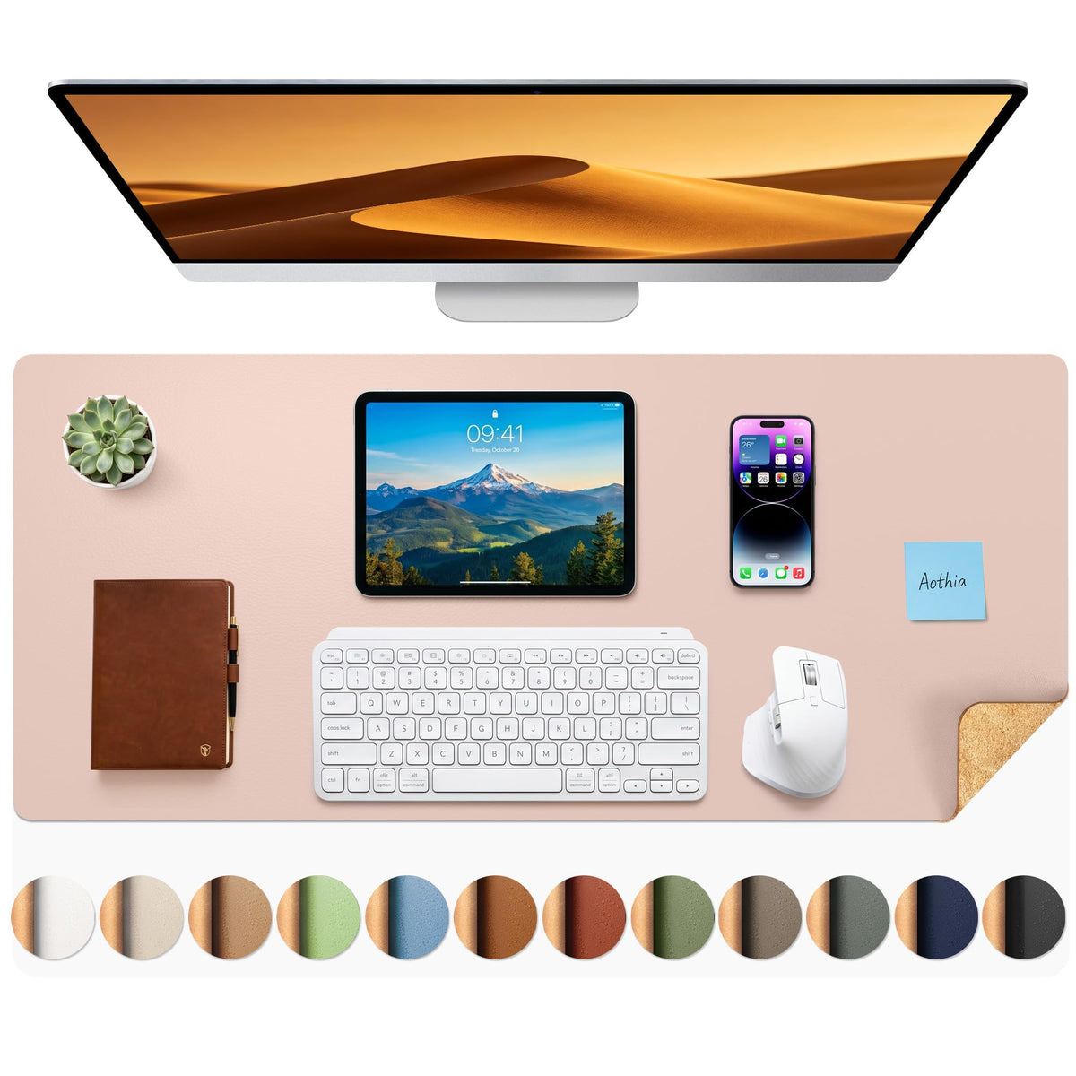 Aothia Double-Sided Desk Pad – 35.4" x 15.7" Leather Desk Mat with Eco Cork Protector, Large Mouse