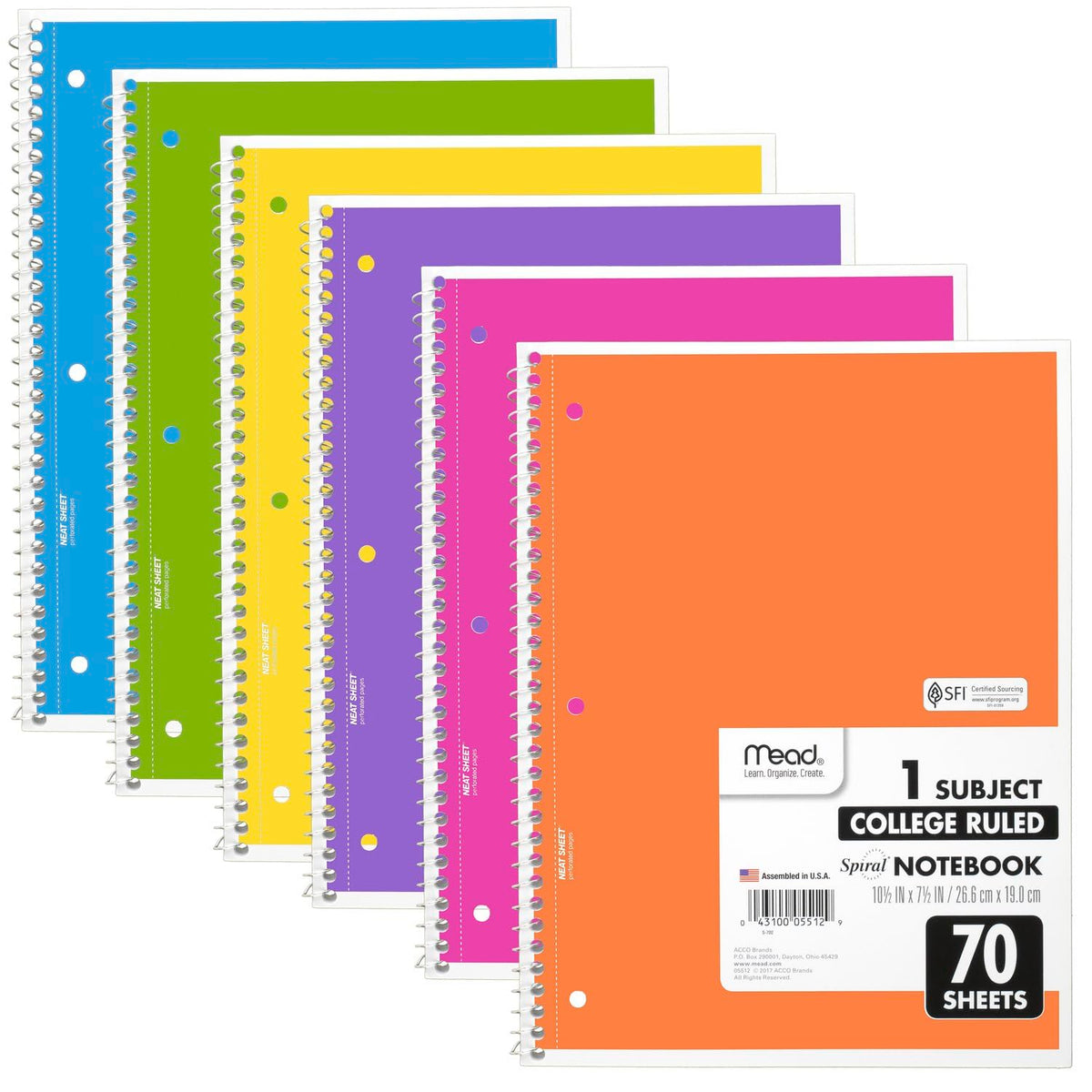 Mead Spiral Notebook, 6 Pack, 1 Subject, College Ruled Paper, 7-1/2" x 10-1/2", 70 Sheets per