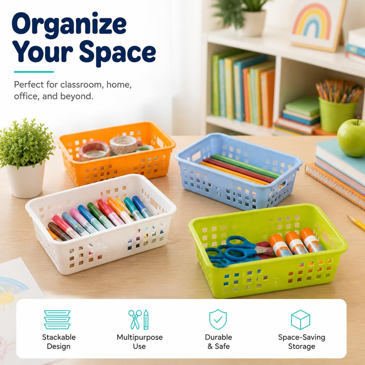 Jucoan 12 Pack Classroom Storage Baskets, Colorful Small Plastic Organizer Basket Bin, Pen Pencil