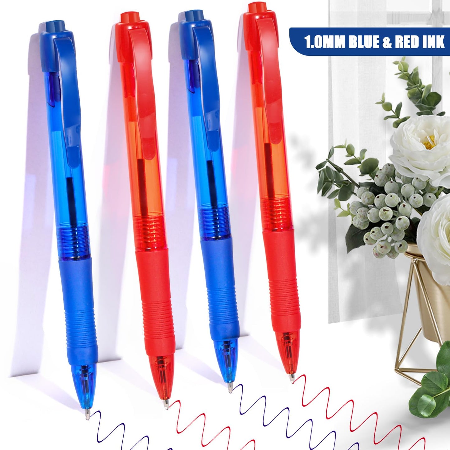 deegtran Pens Bulk, 50 Pack No Bleed Blue & Red Ink Click Pens with Soft Grip, Wholesale