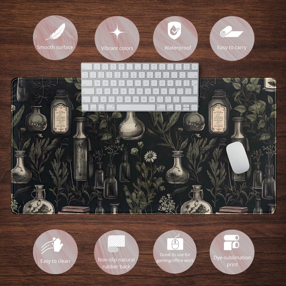 Black Aesthetic Desk Mat - Vintage Large Gaming Flower Mouse Pad XXL Plant Wildflower Mousepad
